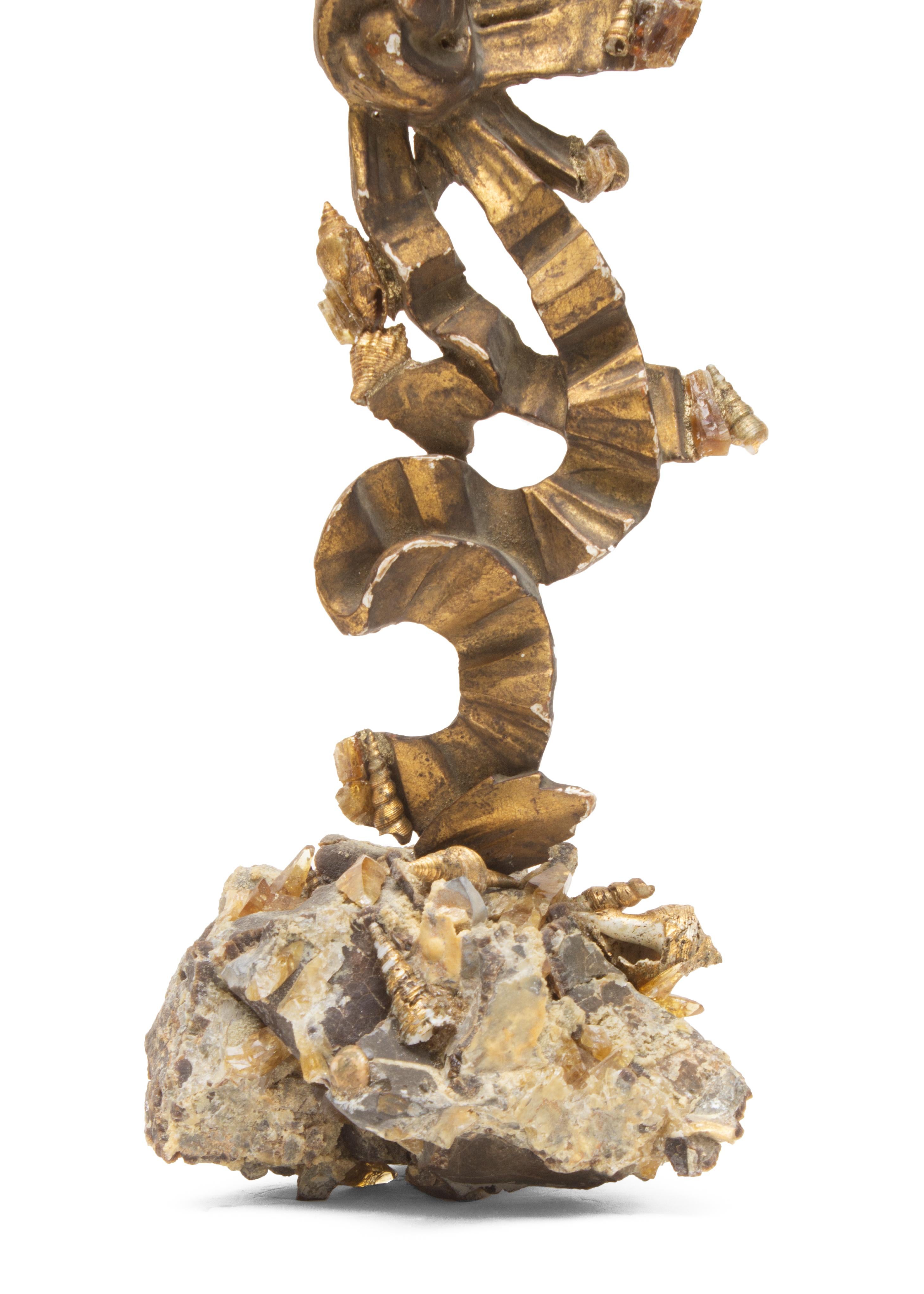 18th century Italian ribbon fragment with barite crystals and gold leaf shells on a matrix with double terminated golden barite crystals from Elk Creek Meade, South Dakota. This is a rare form of barite that gets its rich honey color from both short