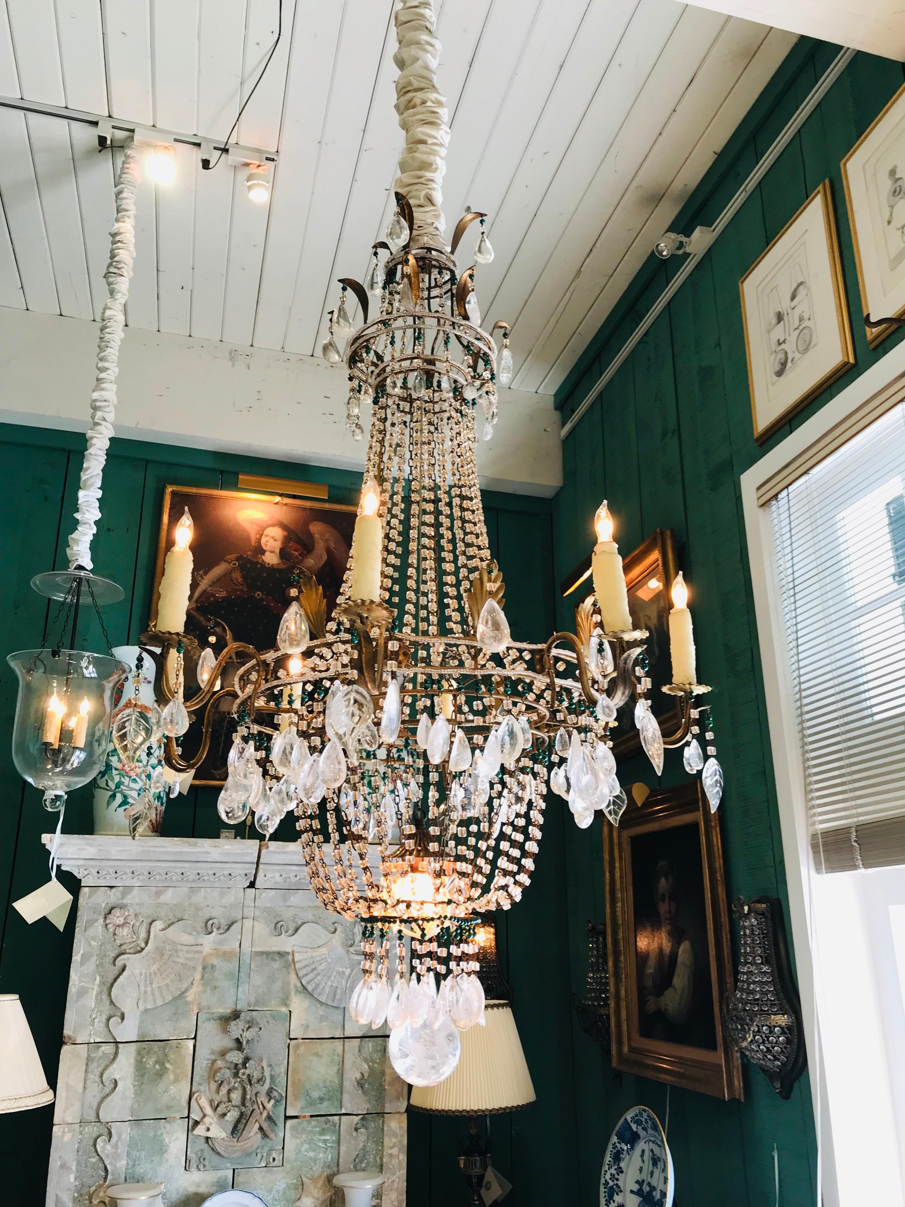 18th C. Italian Rock Crystal 8-Light Chandelier hanging Ceiling pendant light LA . An exceptional Hand crafted Italian mid-18th century Period. Rock crystal thirty-light chandelier. The chandelier holds an impressive solid rock crystal ball amidst