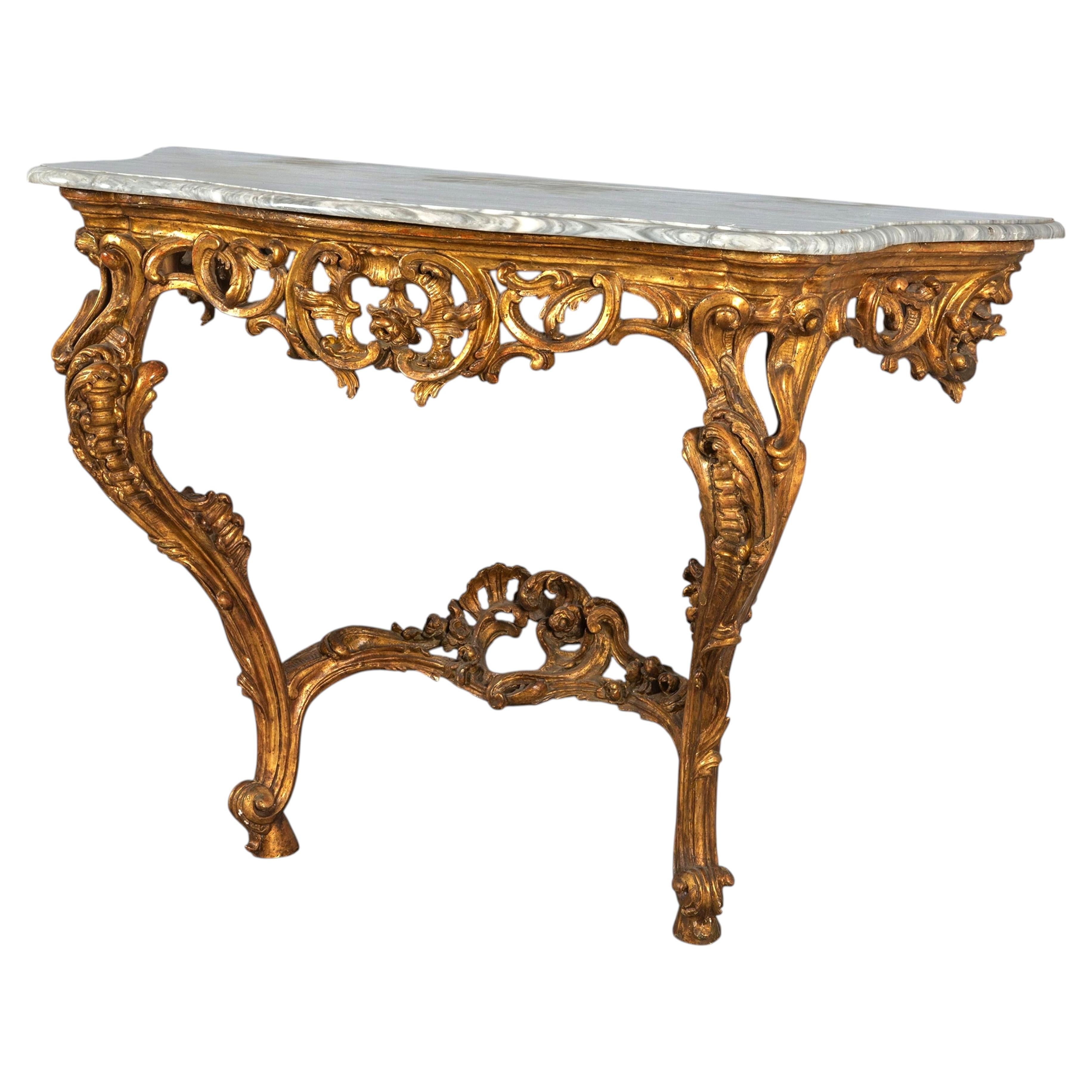 18th Century, Italian Rococo Carved and Giltwood Console