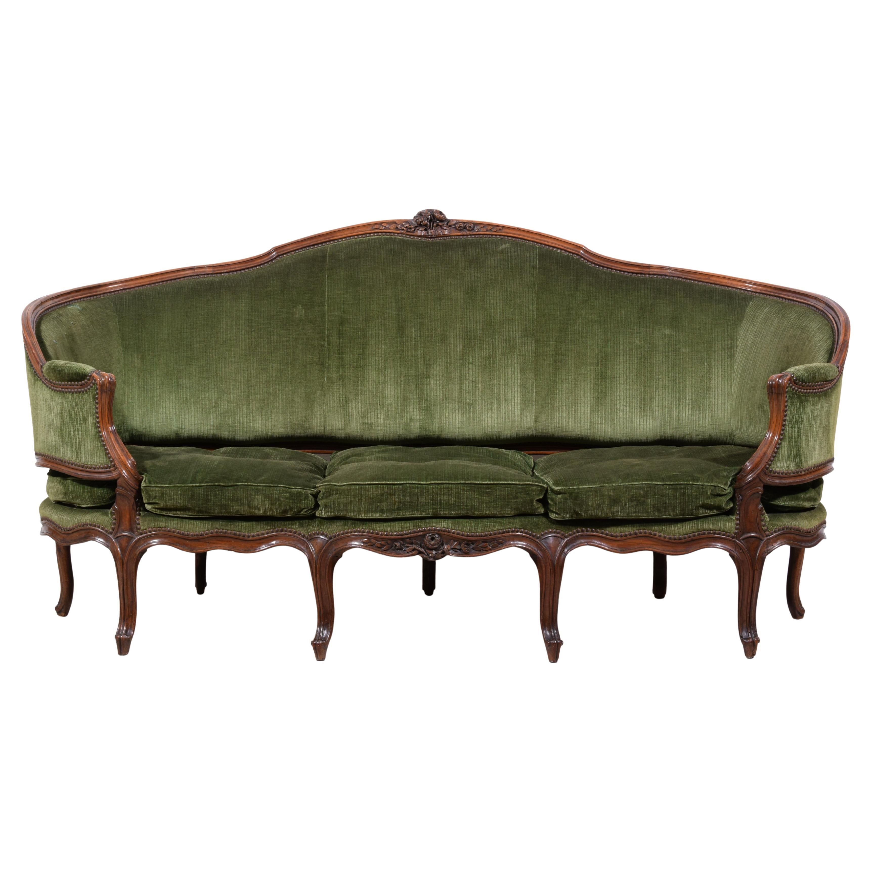 18th Century, Italian Rococo Carved Walnut Wood Corbeille Sofa For Sale