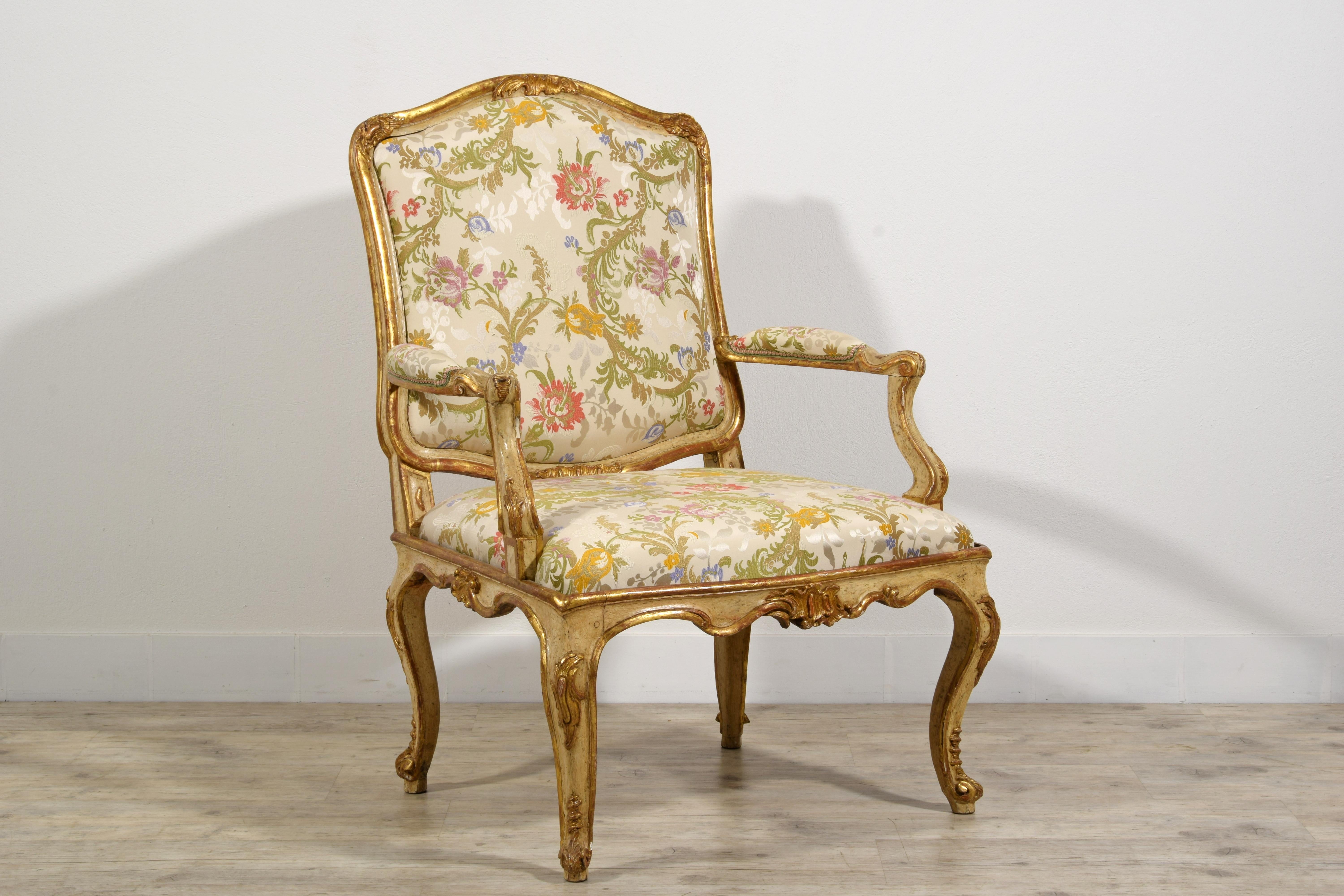 18th Century 18th century, Italian Rococo Lacquered and Giltwood Armchairs  For Sale