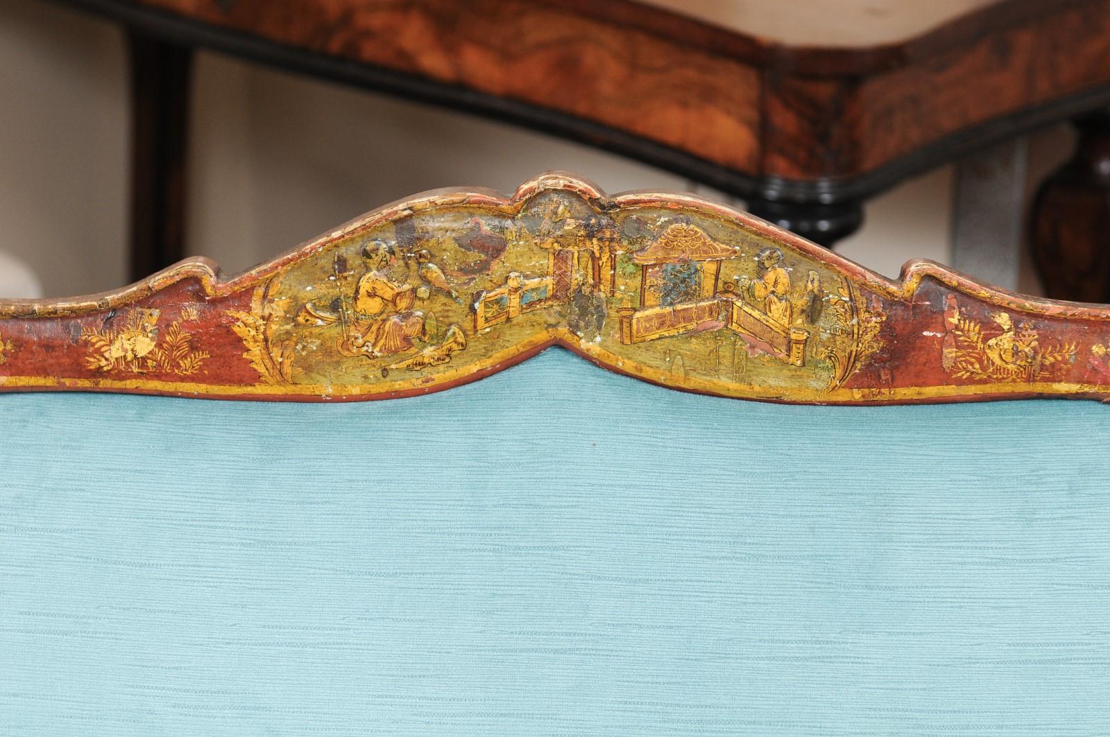 Hand-Painted 18th Century Italian Rococo Painted Canape au Chasse For Sale