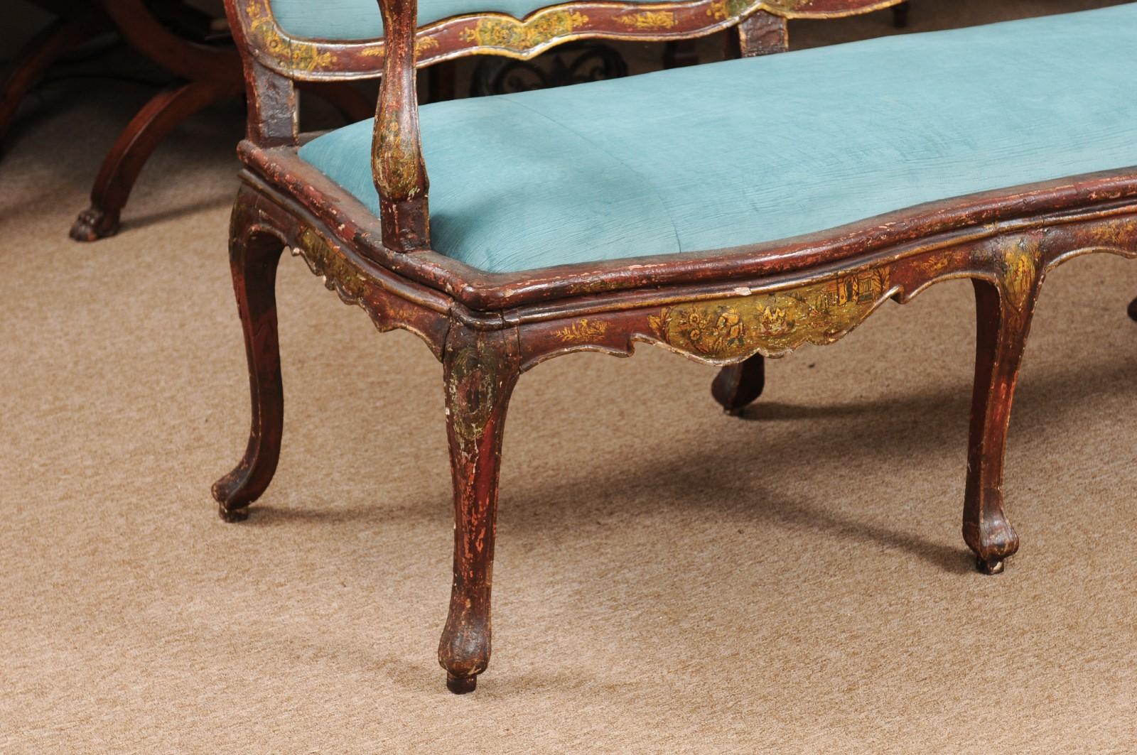 Upholstery 18th Century Italian Rococo Painted Canape au Chasse For Sale