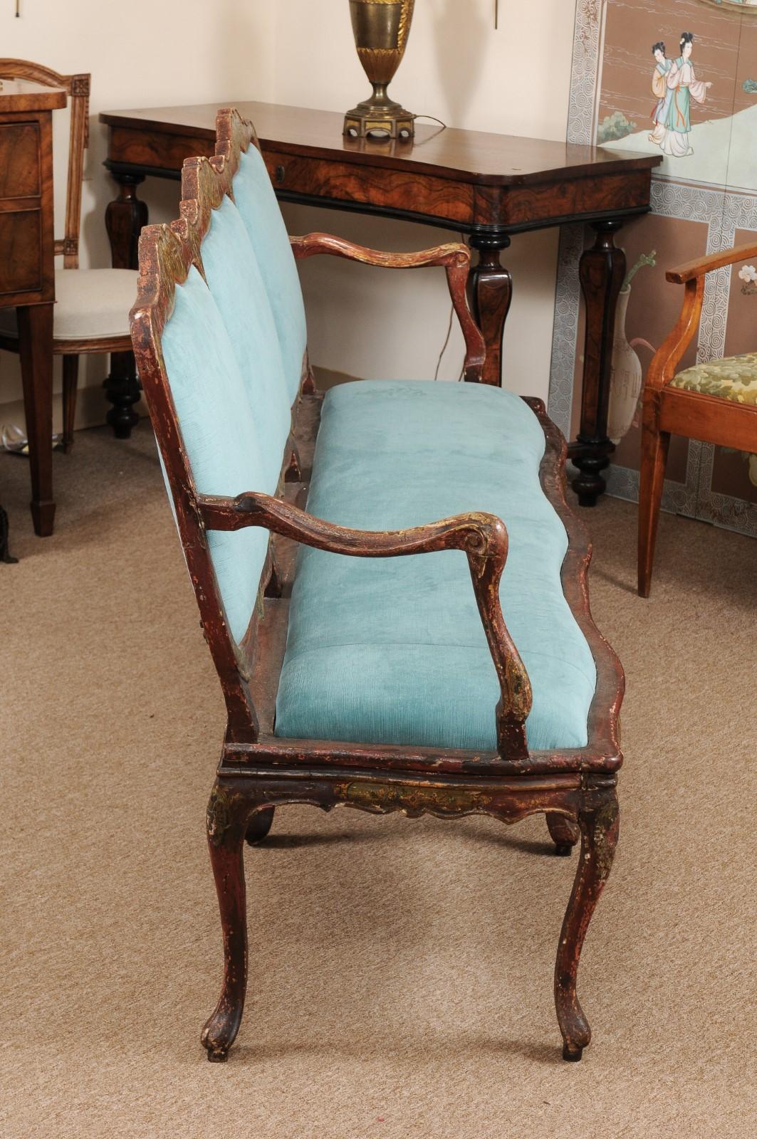 Upholstery 18th Century Italian Rococo Painted Canape au Chasse For Sale