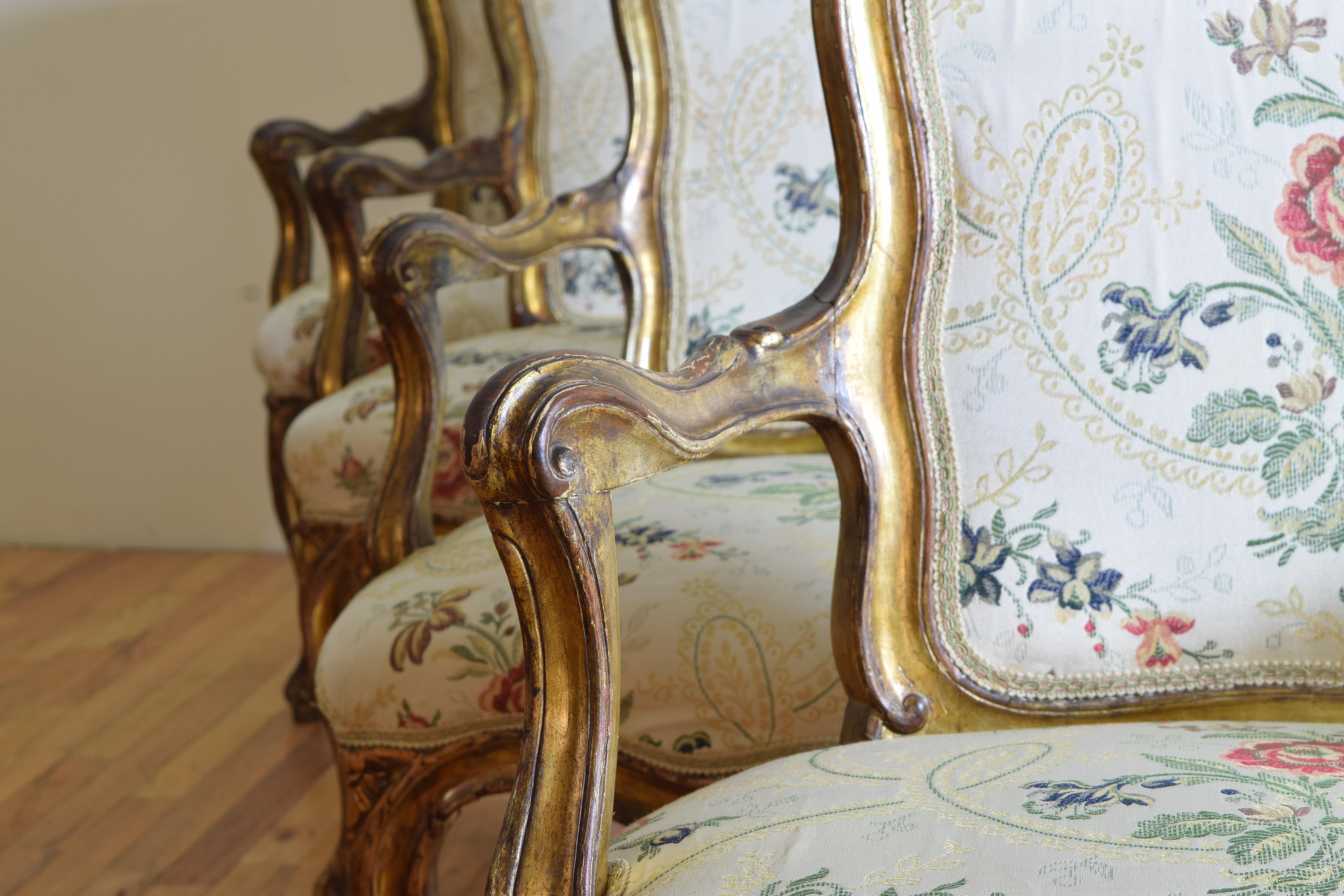 18th Century Italian Rococo Set of Four Giltwood Arm Chairs For Sale 8