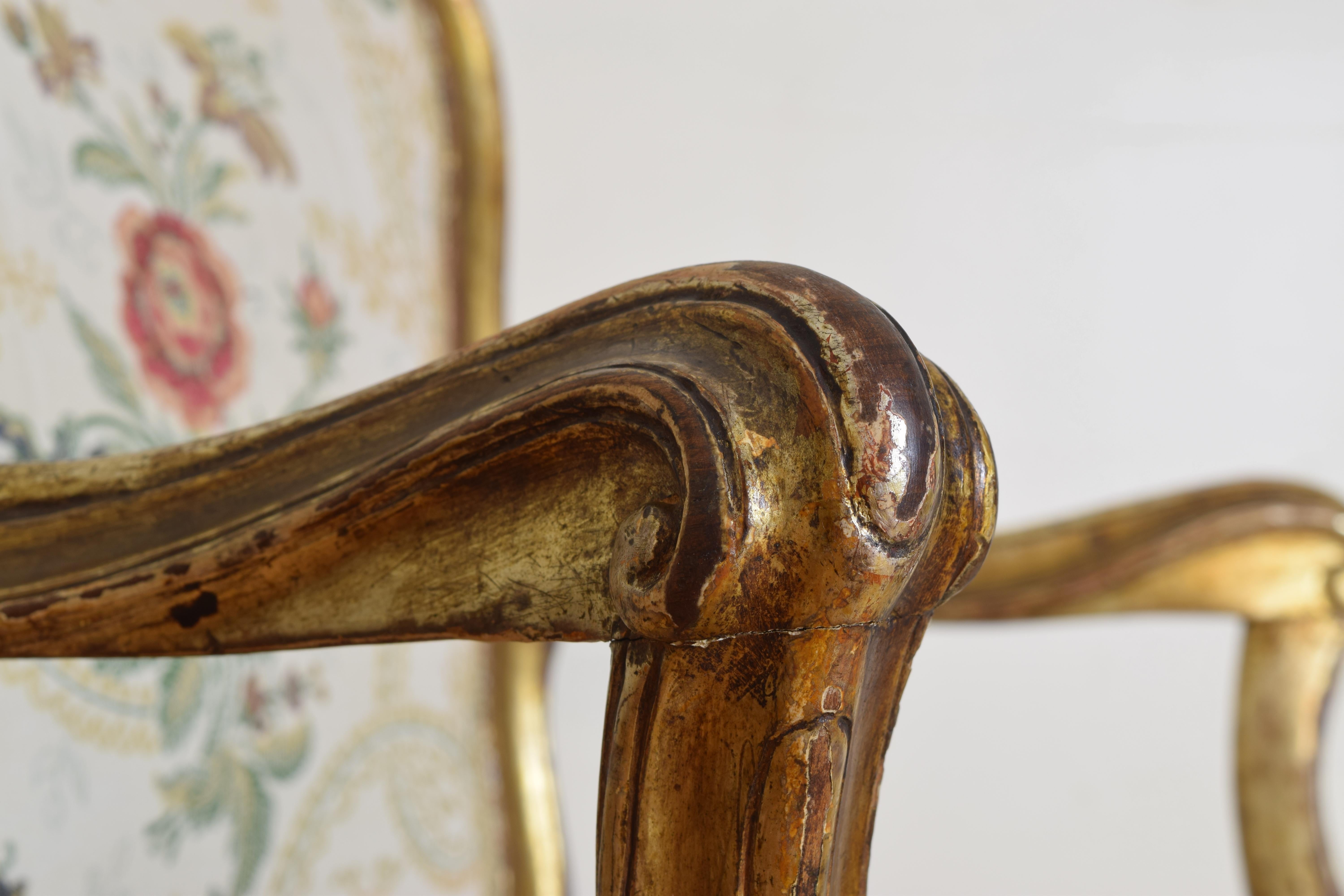 18th Century Italian Rococo Set of Four Giltwood Arm Chairs For Sale 12