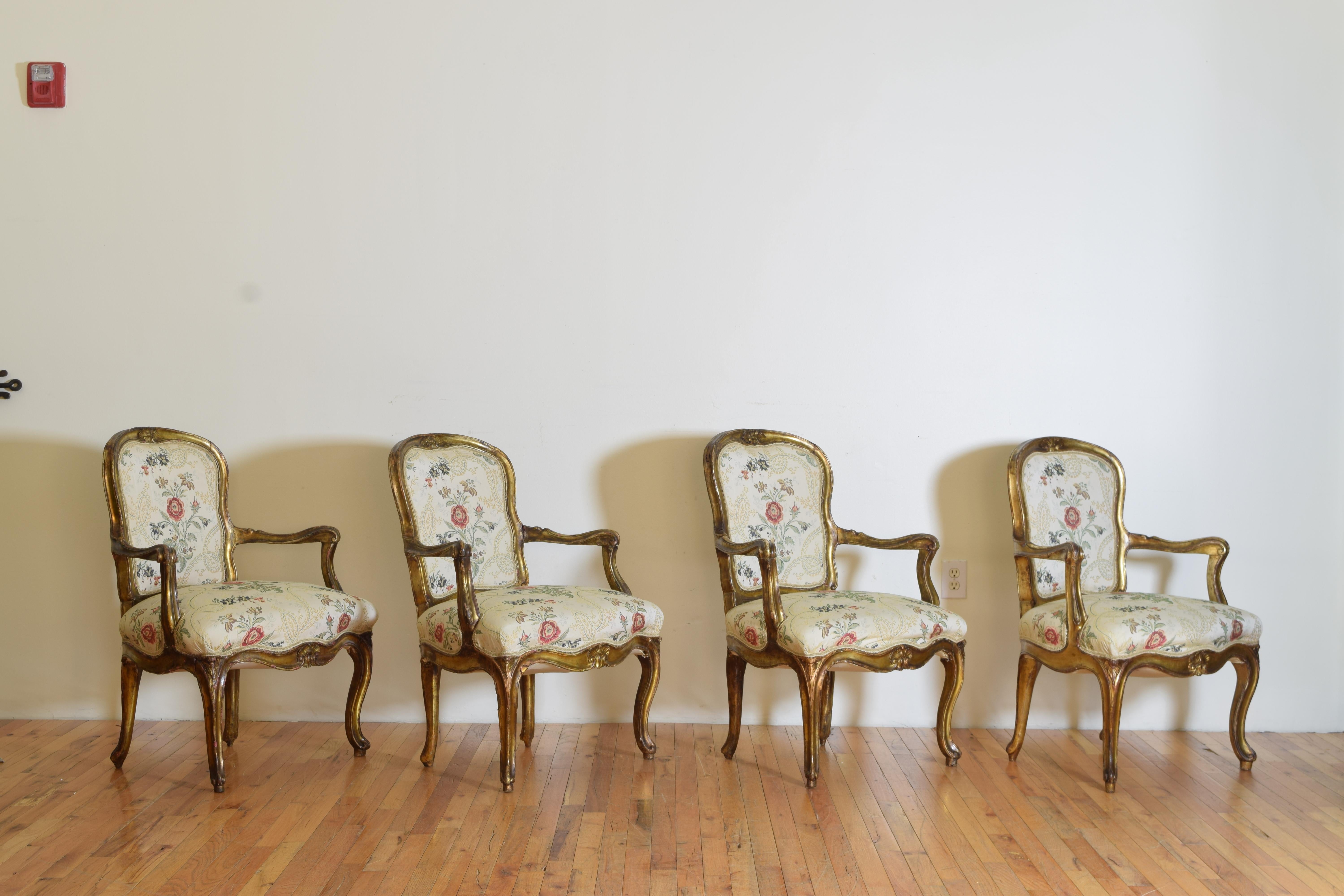 18th Century Italian Rococo Set of Four Giltwood Arm Chairs In Good Condition For Sale In Atlanta, GA
