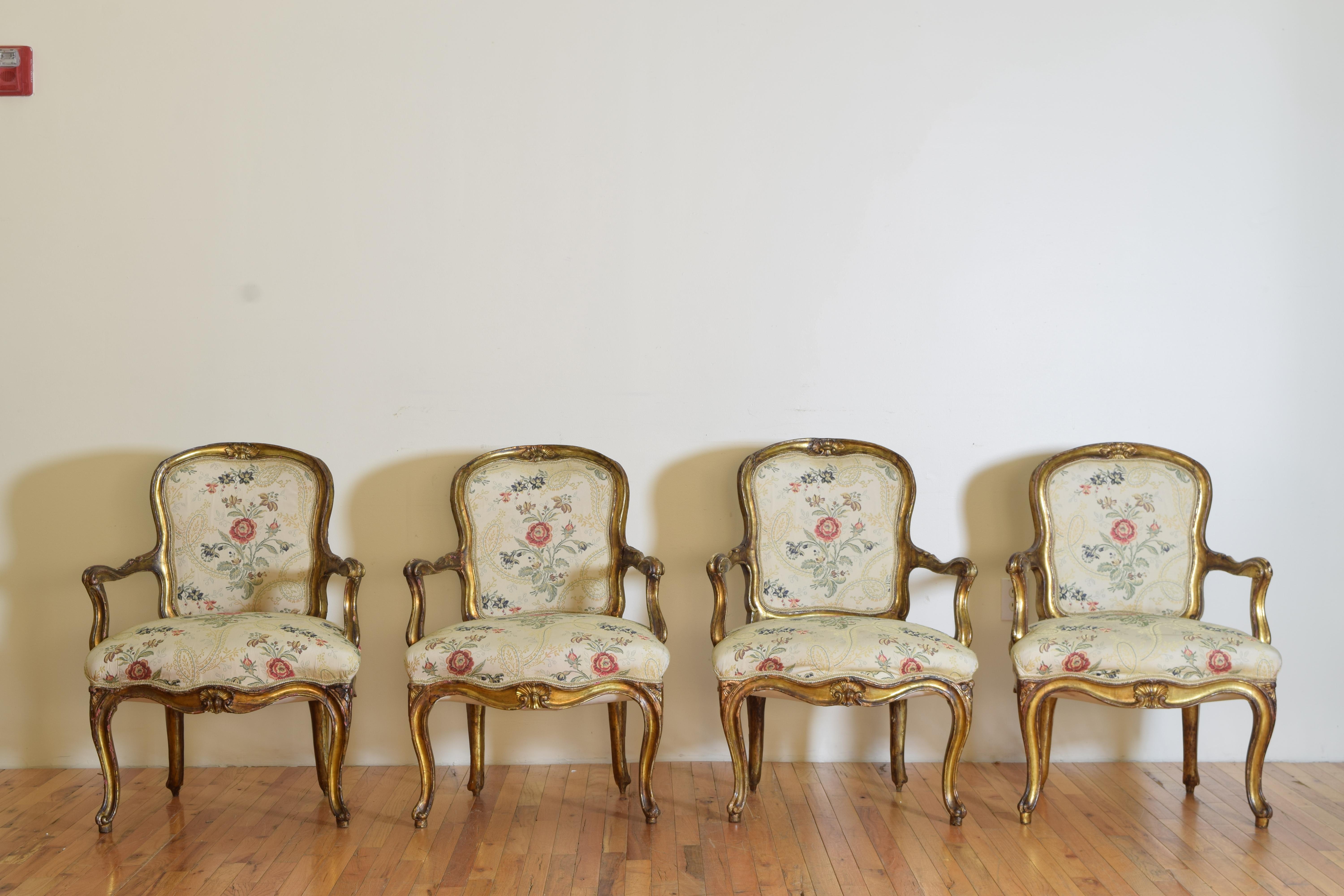 18th Century Italian Rococo Set of Four Giltwood Arm Chairs For Sale 1
