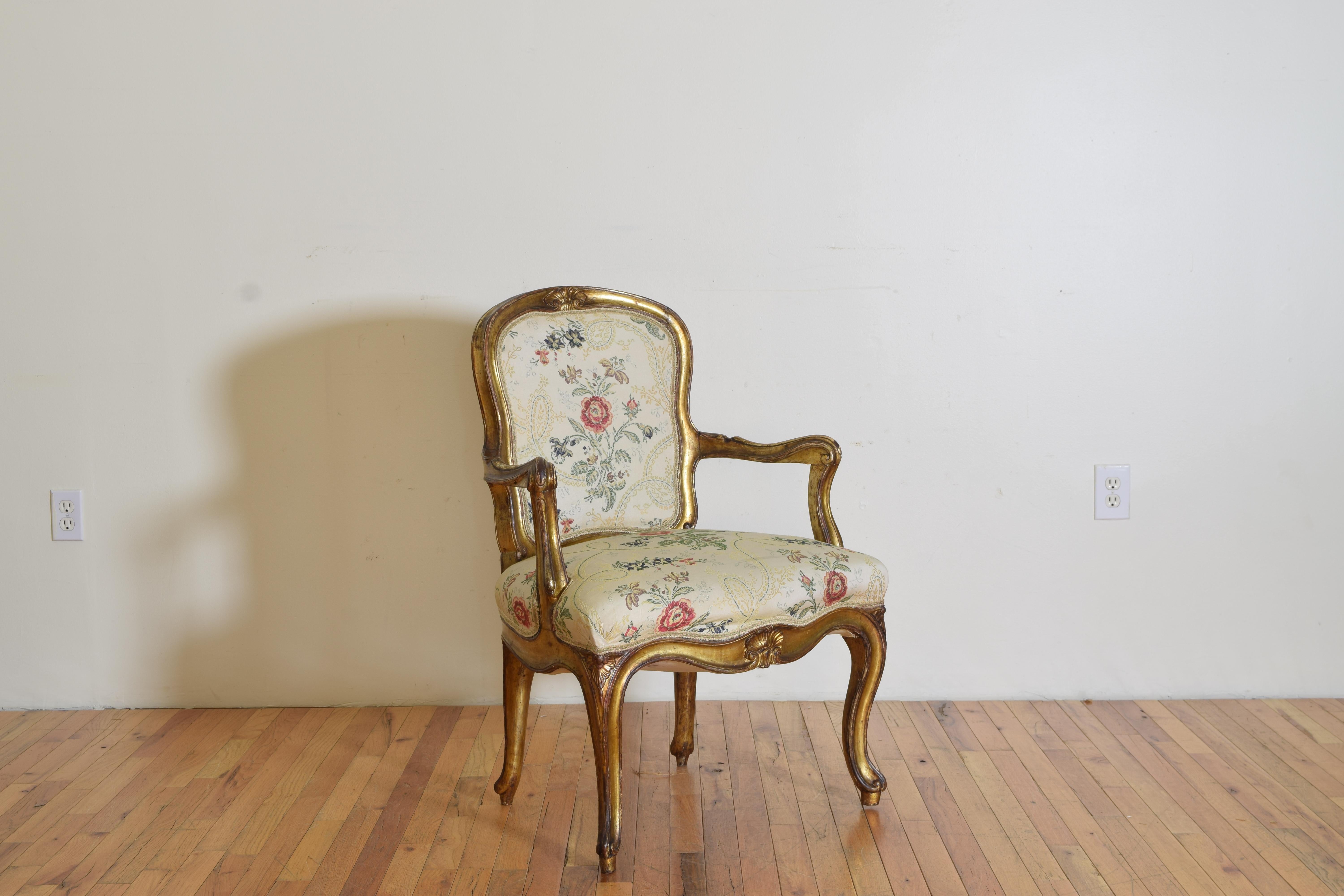 18th Century Italian Rococo Set of Four Giltwood Arm Chairs For Sale 4