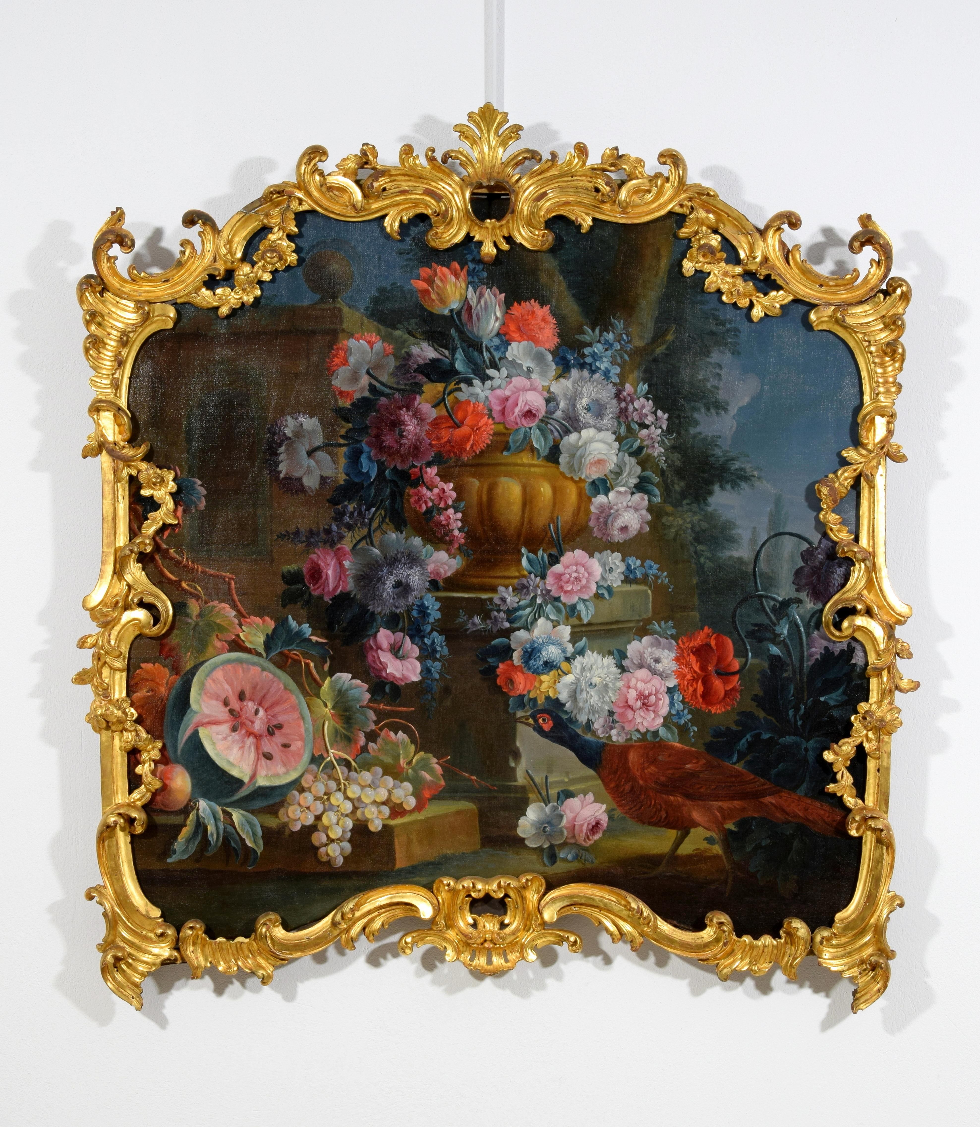 Michele Antonio Rapos (Turin 1733-1819), Still life of flowers and fruits, 
Oil on canvas
frame: cm H 133 x W 124 x D 8 (canvas: cm 108.5 x 108.5)

The painting depicts a triumph of flowers composed inside a stone-made vase of antique taste placed
