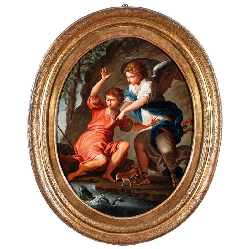 18th Century Italian "Saint Raphael Archangel" Oil on Canvas with Gilded Frame