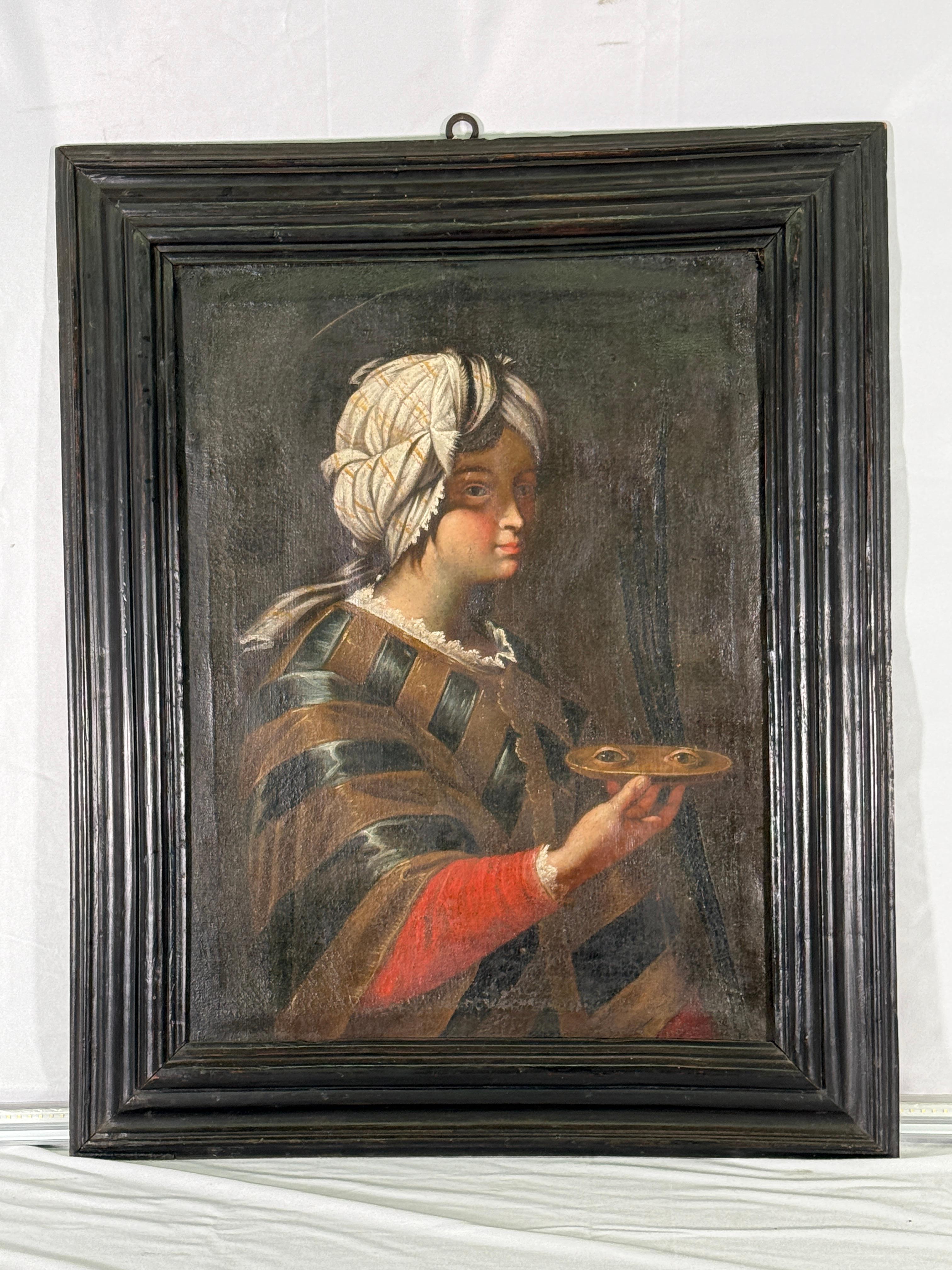 16th Century Italian Santa Lucia in a 18th Century French Frame In Good Condition For Sale In Scottsdale, AZ