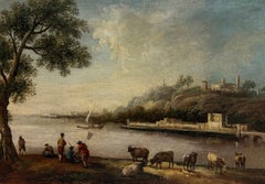 Figures & Cattle in Fine Classical Italian River Landscape 18th Century Oil