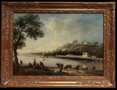 Figures & Cattle in Fine Classical Italian River Landscape 18th Century Oil