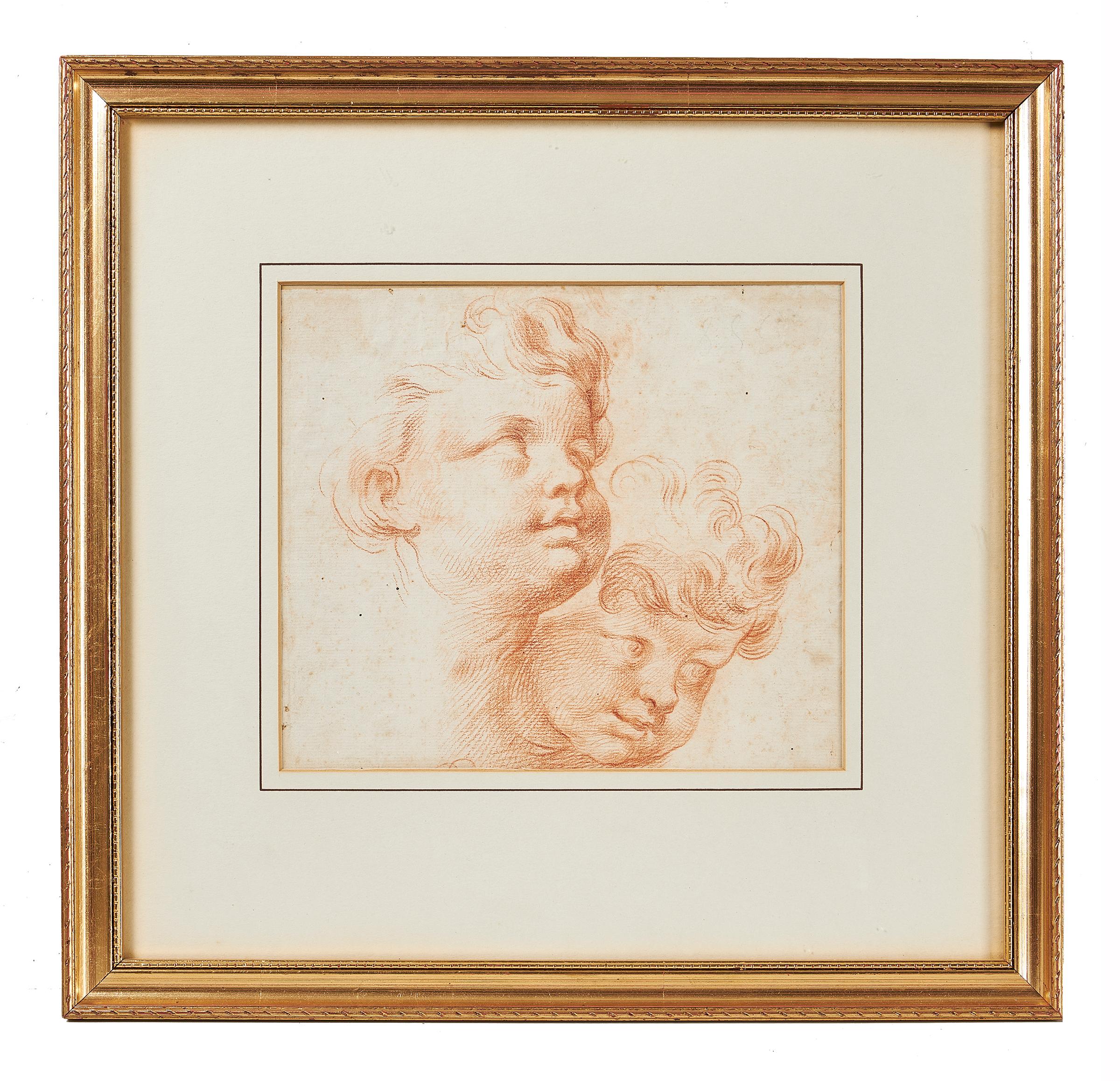 18th century Italian School head study of two young boys, alternatively two putti or cherubs, red chalk on laid paper, indistinctly signed SSE(?), framed.