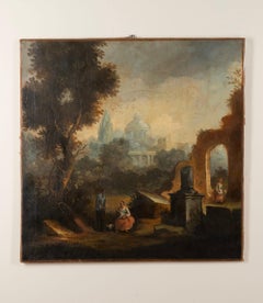 18th Century Italian School Oil on Canvas Painting, Capriccio Landscape with Fig
