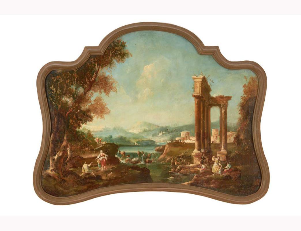 18th century Italian school oil on canvas painting. The canvas was relined on newer canvas and then mounted on a messonite board that is fitted in a uniquely shaped original giltwood frame. 

The exquisite painting depicts a scene on the landscape