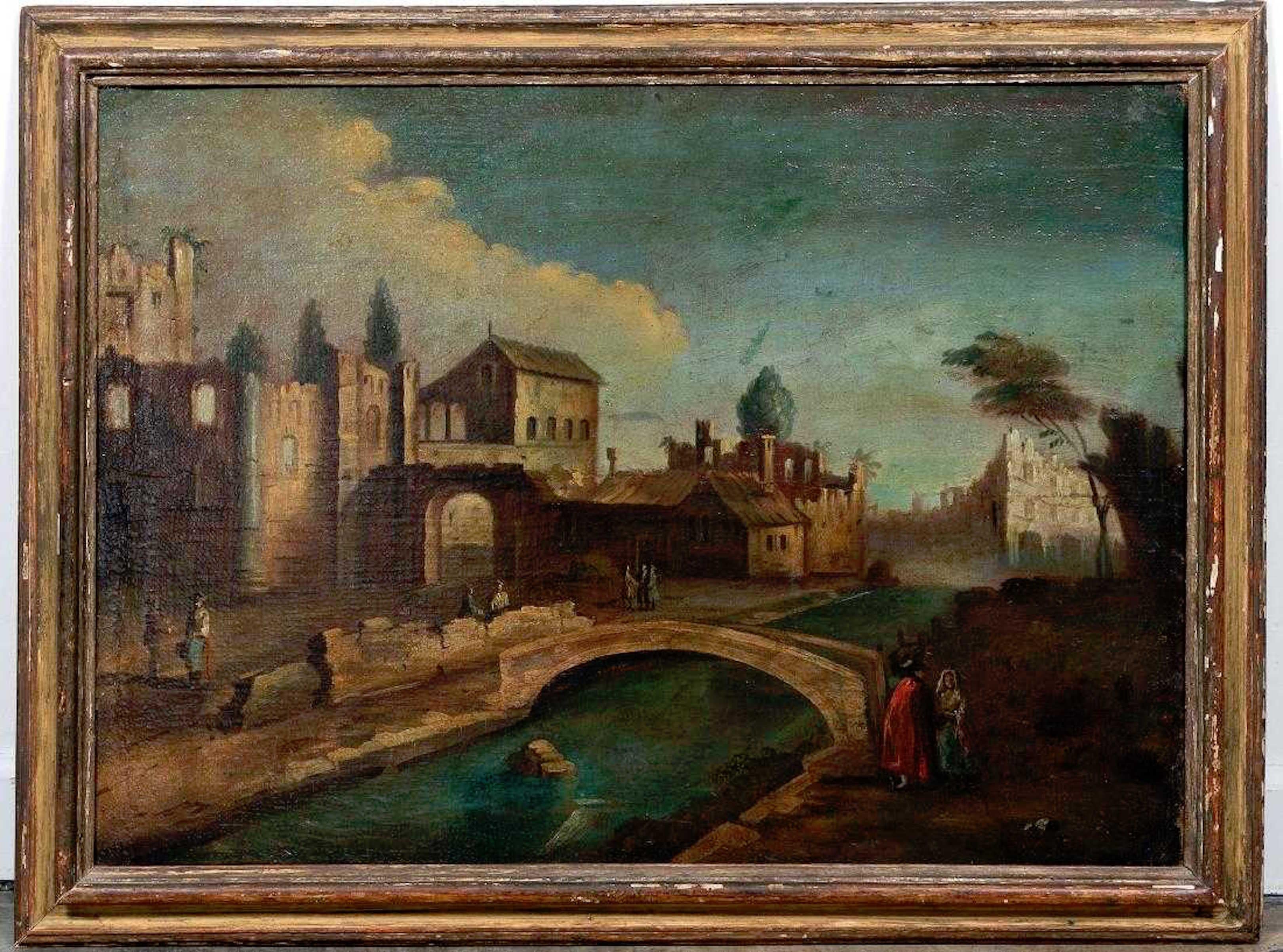 18th century Italian school old master landscape, city view, oil on linen, unsigned. Wonderful untouched condition, distressed evenly, no rips or tears.
Measures: Linen canvas 25.75