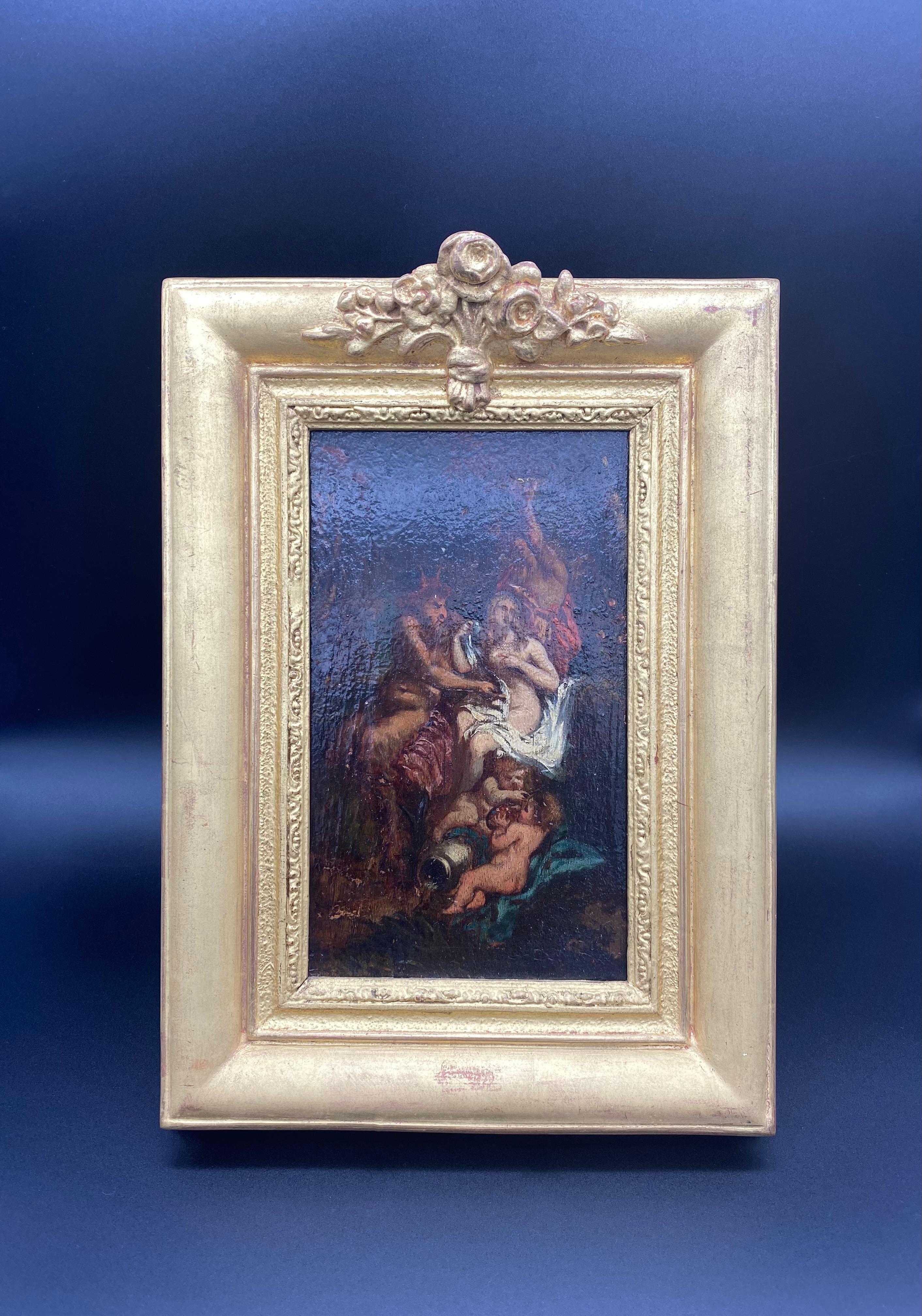 Schönes Öl auf Tafel aus der italienischen Schule des 18. Jahrhunderts, das einen Faun darstellt, der versucht, eine halbnackte Nymphe zu verführen. Hinter ihnen scheint ein Mann ein Tablett gebracht zu haben, und zu ihren Füßen spielen zwei Putten