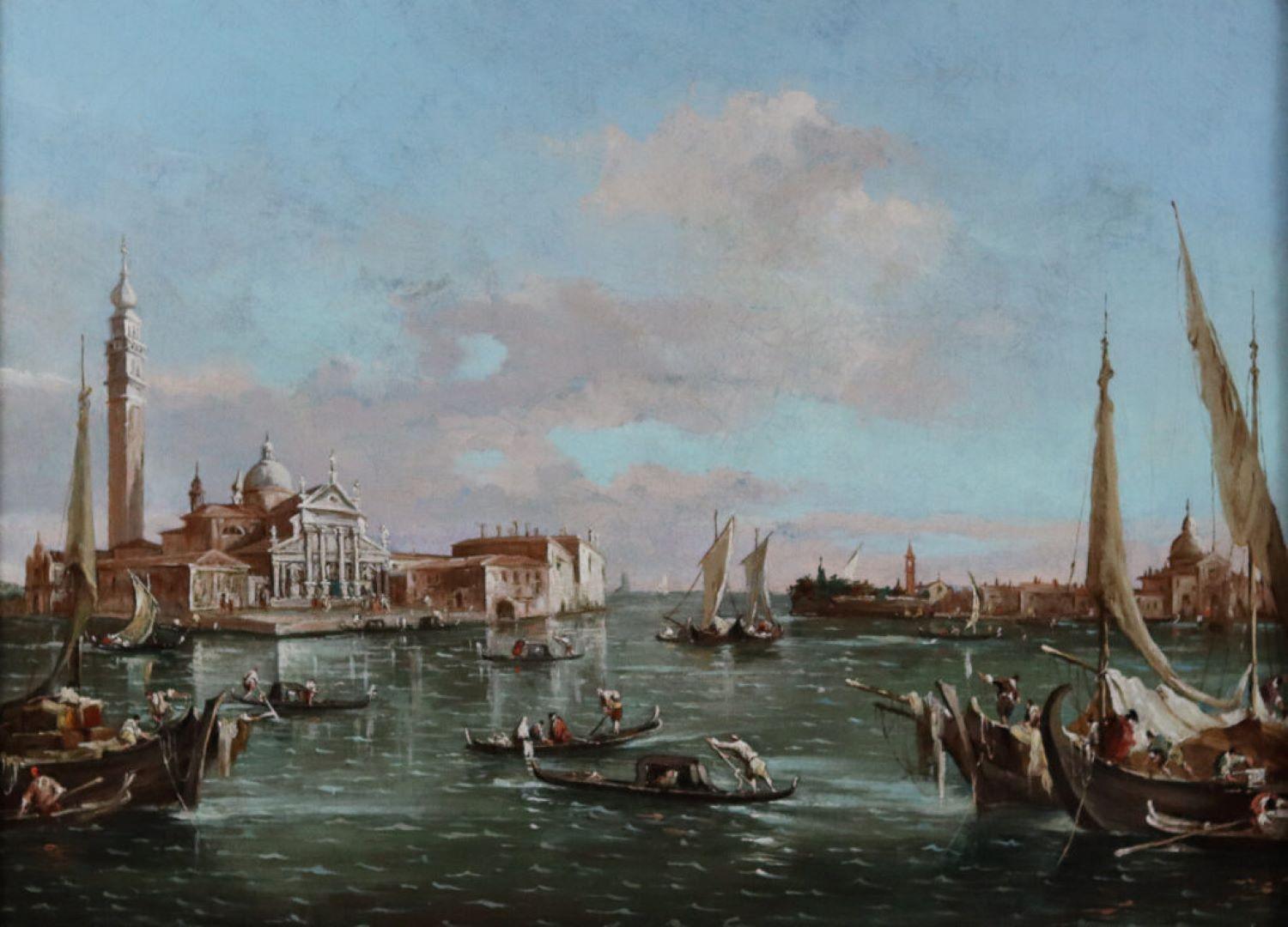 
Style of Francesco Guardi  (1712-1793) 

Venetian Canal Scenes, a pair
-San Giorgio Maggiore from the Bacino di San Marco
-Santa Maria della Salute from the Grand Canal

Oils on canvas: 13 X 18 ¼ in. Frame: 18 ½ x 23 ½ in.  Late 18th / early 19th