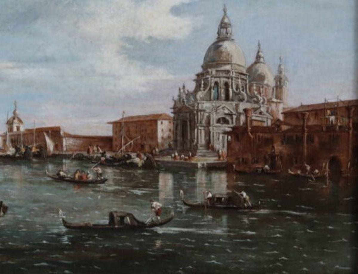 Paire de scènes de canaux vénitiens du XVIIIe siècle dans le style de Francesco Guardi   en vente 5