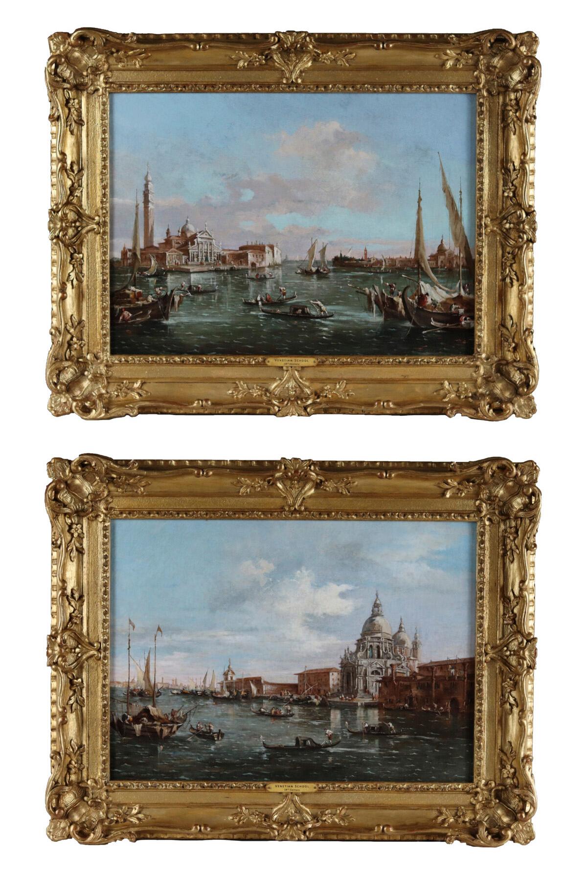 Landscape Painting 18th Century Italian School - Paire de scènes de canaux vénitiens du XVIIIe siècle dans le style de Francesco Guardi  