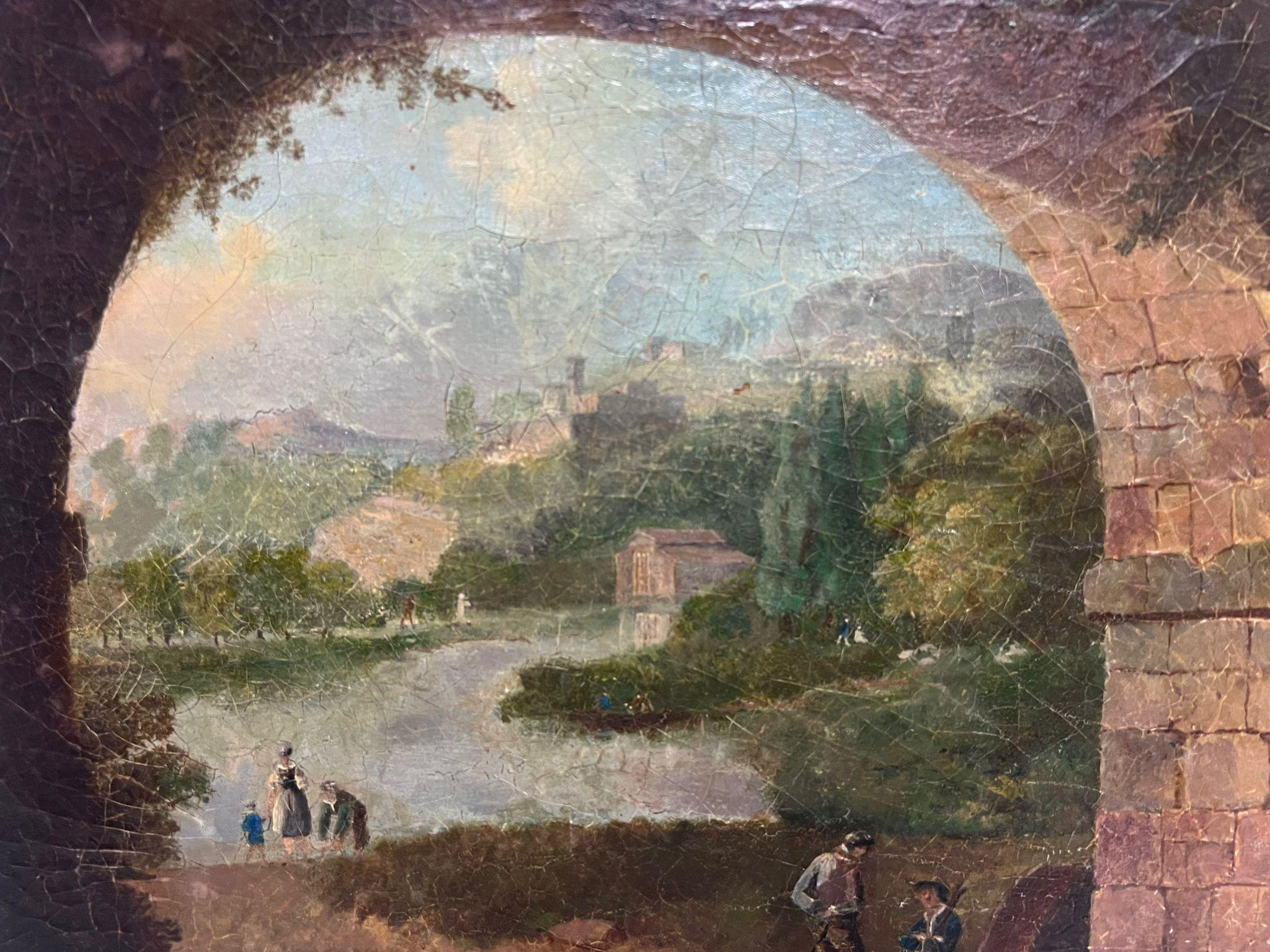 Antique Italian Grand Tour Oil Painting Figures in Arcadian Landscape 1