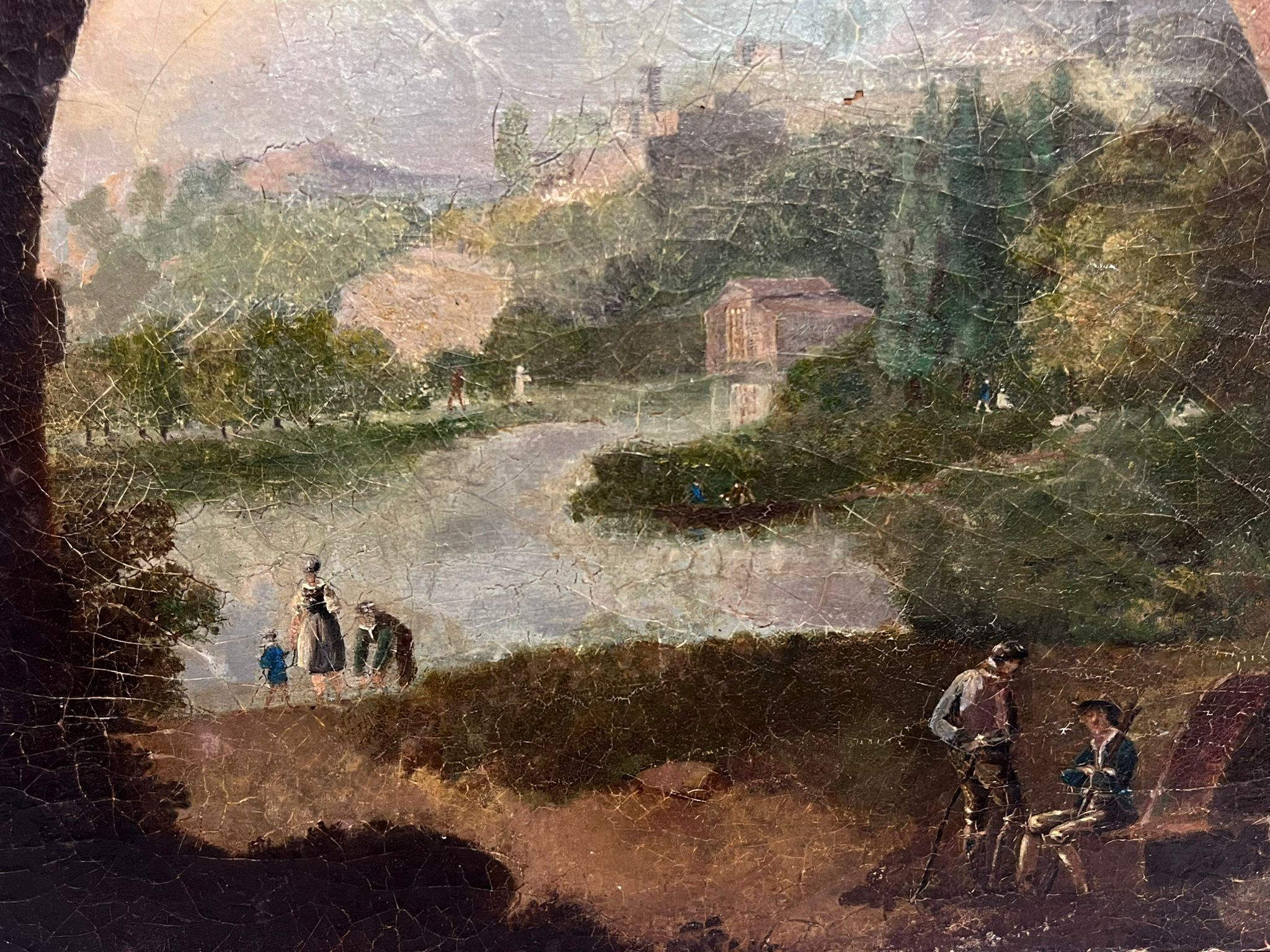 Antique Italian Grand Tour Oil Painting Figures in Arcadian Landscape 2