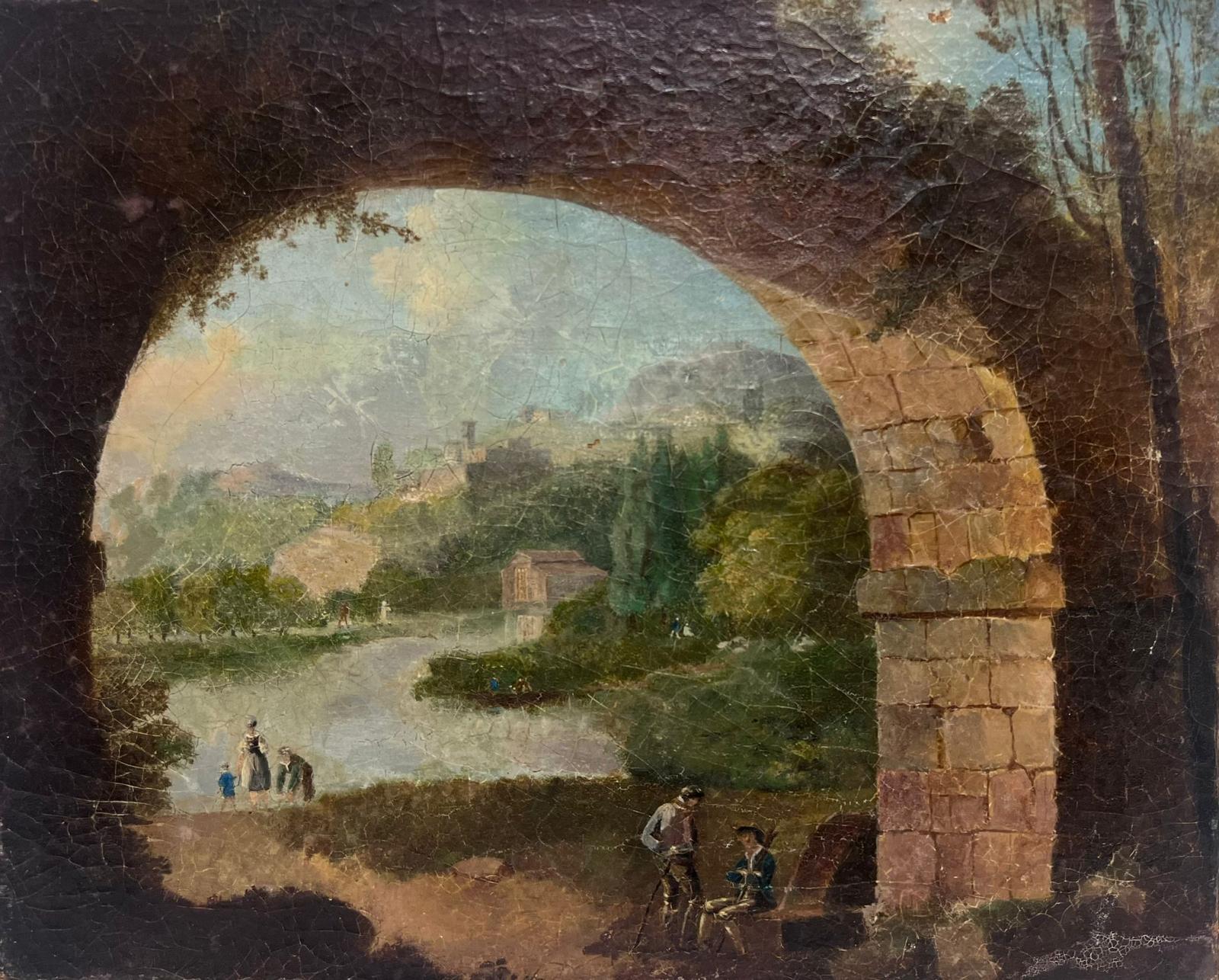 18th Century Italian School Landscape Painting - Antique Italian Grand Tour Oil Painting Figures in Arcadian Landscape
