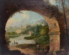 Antique Italian Grand Tour Oil Painting Figures in Arcadian Landscape