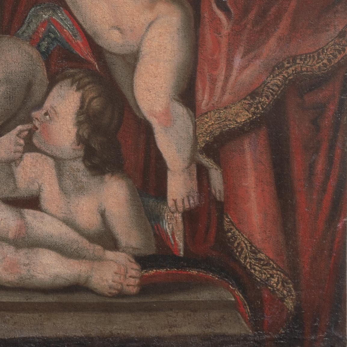 'Cherubini che suonano', Angeli, Amorini, Memento Mori, Olio religioso barocco e naif - Figurative Painting Nero di 18th Century Italian School
