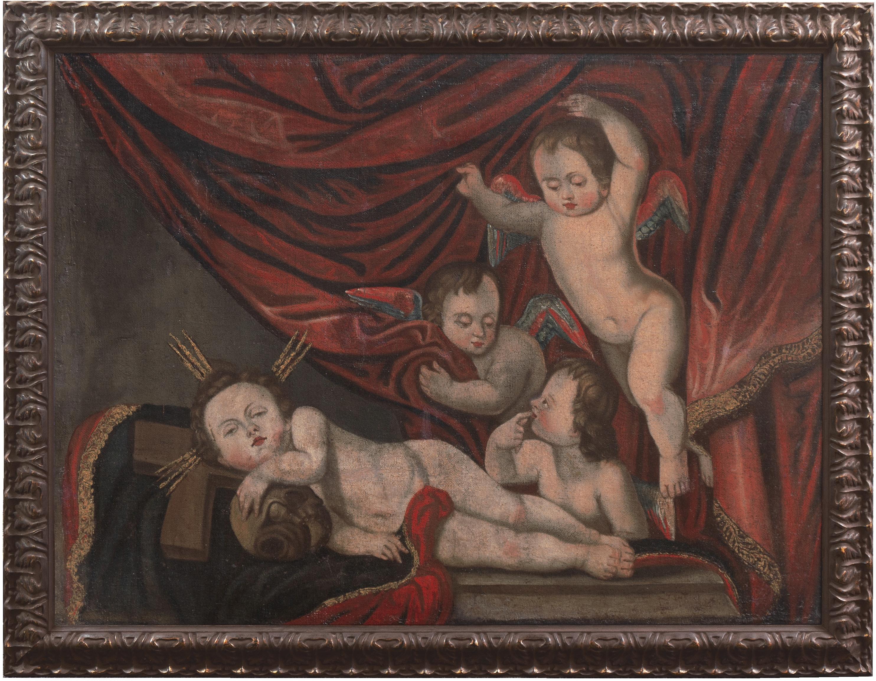 'Cherubini che suonano', Angeli, Amorini, Memento Mori, Olio religioso barocco e naif - Painting di 18th Century Italian School