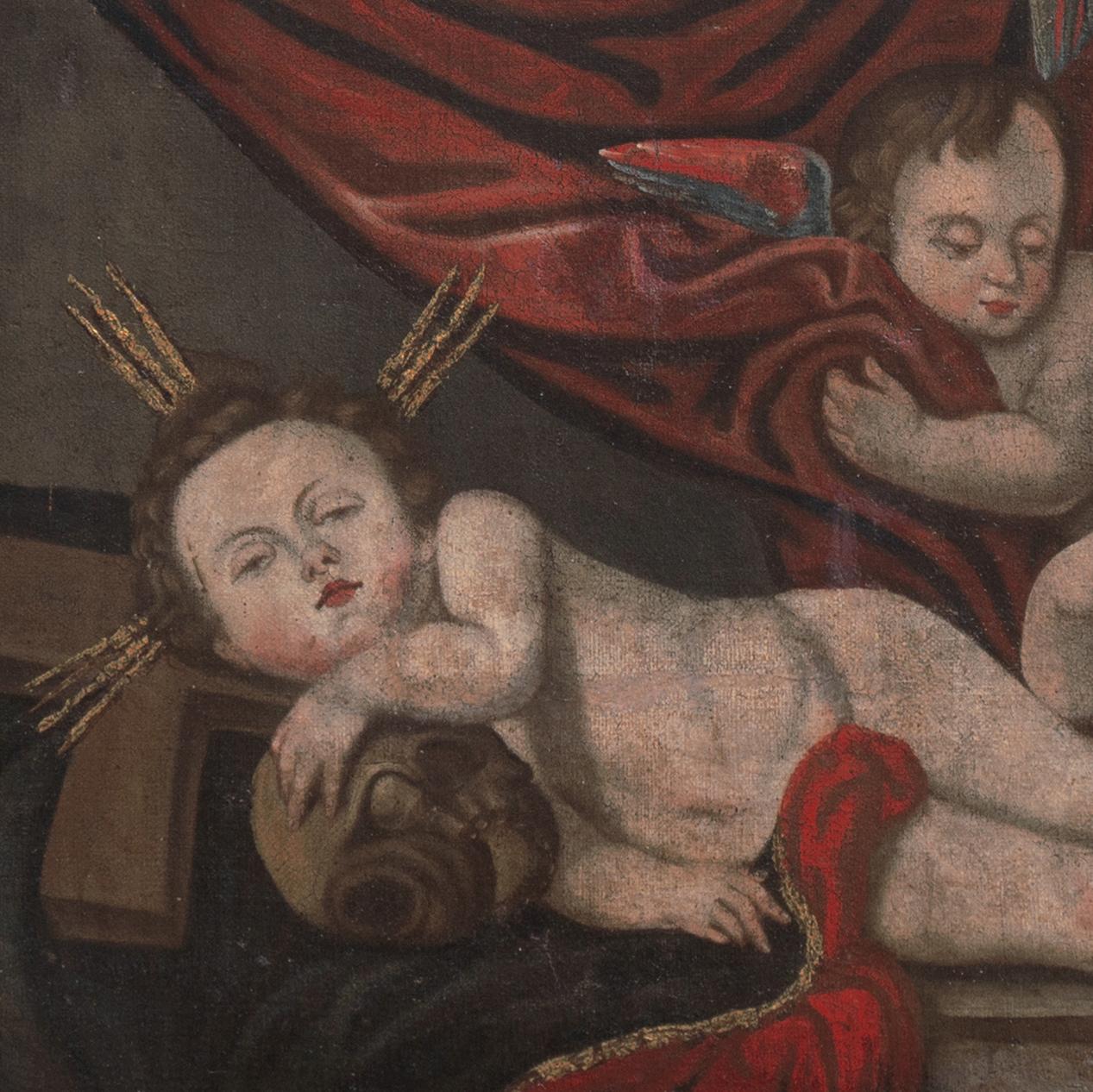 'Cherubini che suonano', Angeli, Amorini, Memento Mori, Olio religioso barocco e naif in vendita 3
