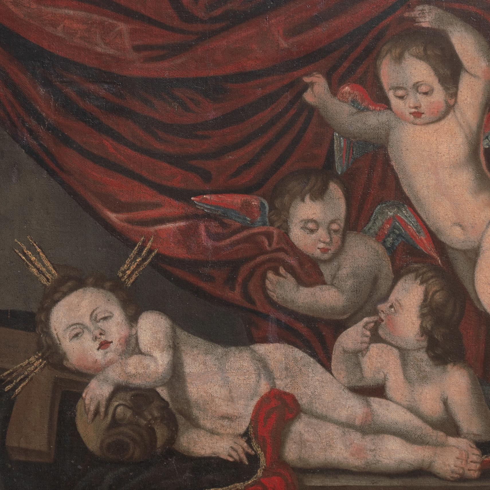 'Cherubini che suonano', Angeli, Amorini, Memento Mori, Olio religioso barocco e naif in vendita 4