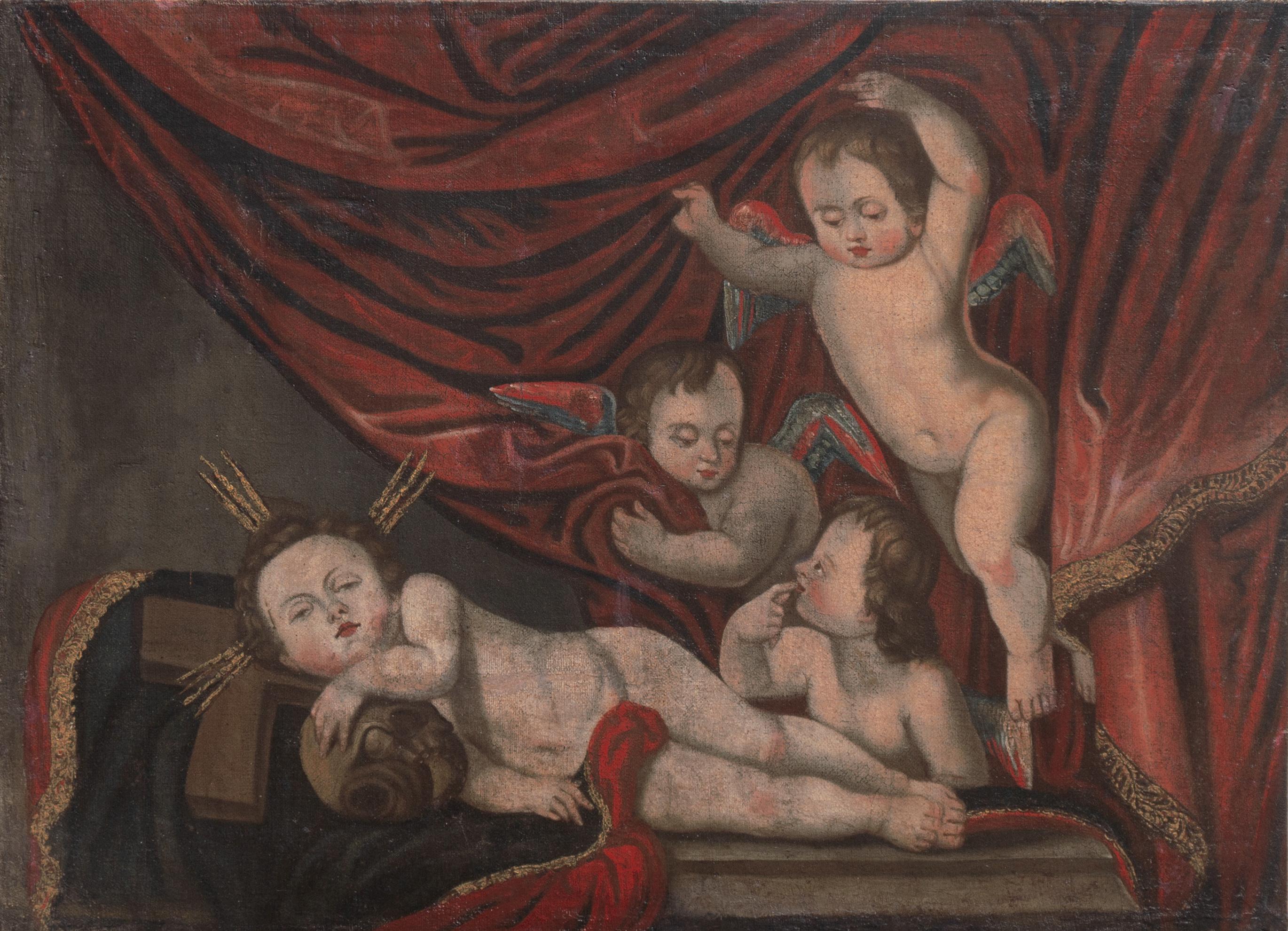 'Cherubini che suonano', Angeli, Amorini, Memento Mori, Olio religioso barocco e naif