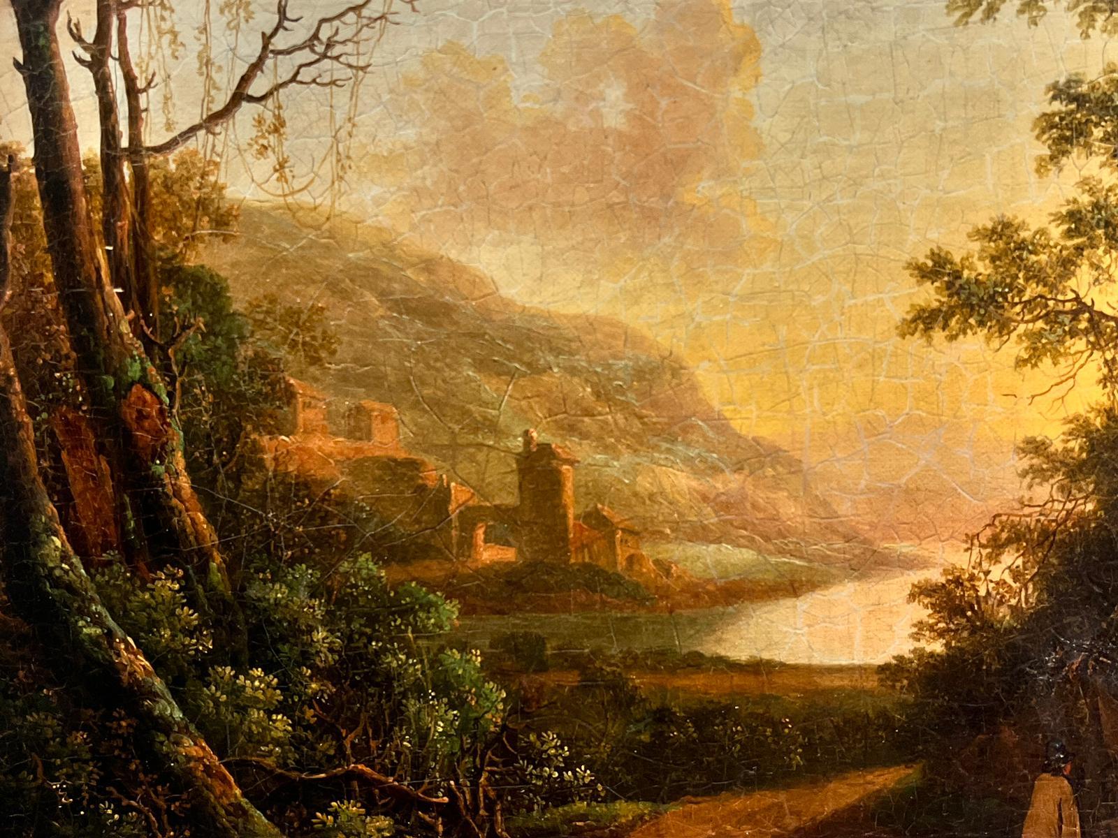 Classical Old Master Landscape Figures with Animals Romantic Sunset Lake View - Painting by 18th Century Italian School