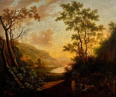 Classical Old Master Landscape Figures with Animals Romantic Sunset Lake View