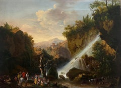 Fine 18th Century Italian Grand Tour Oil Painting Travellers before Waterfall