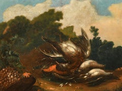 Antique Fine 18th Century Old Master Oil Painting Dead Game in Landscape