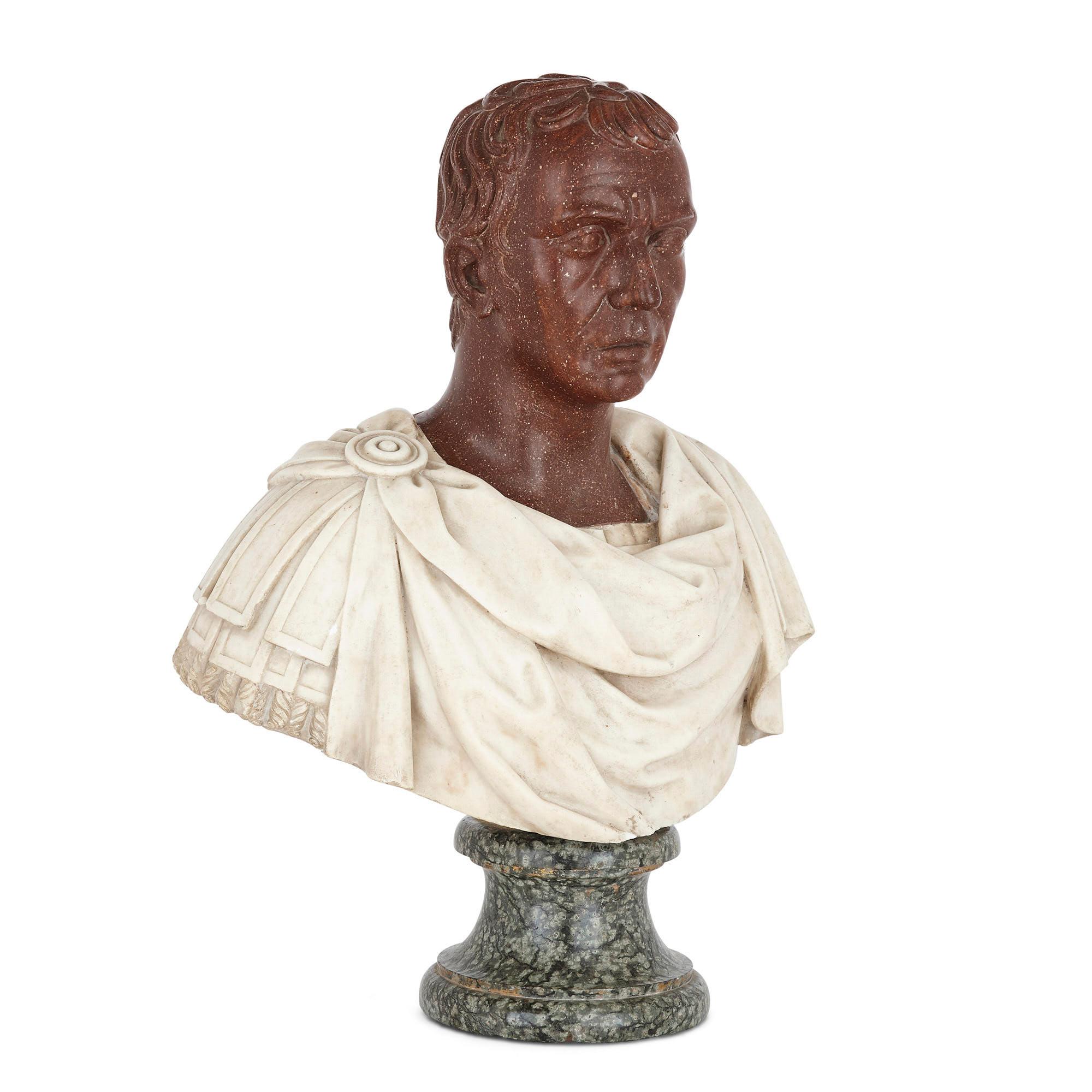 18th century Italian serpentine, porphyry, and marble bust
Italian, late 18th century
Measures: Height 78cm, width 62cm, depth 30cm

This fine sculptural bust takes as its inspiration the form of portrait bust that flourished during the late