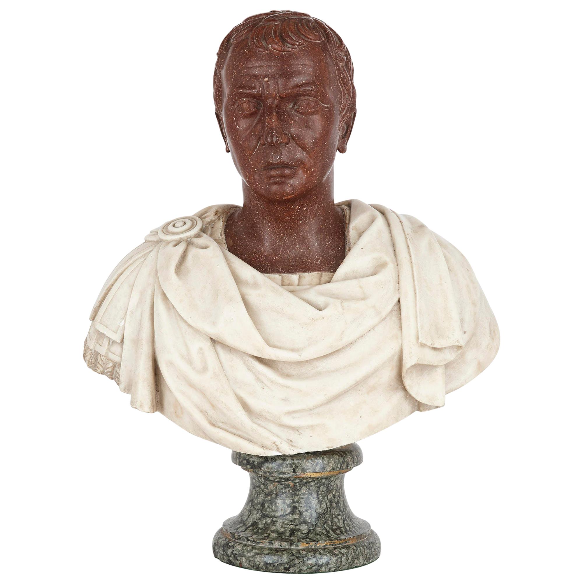 18th Century Italian Serpentine, Porphyry, and Marble Bust