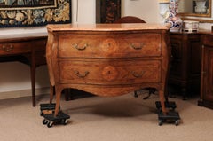 18th Century Italian Serpentine Walnut Parquetry Inlaid Marble Top Commode
