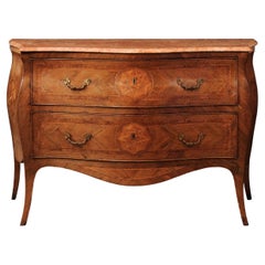 18th Century Italian Serpentine Walnut Parquetry Inlaid Marble Top Commode