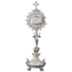 Antique 18th Century Italian Sicilian Baroque Silver Monstrance Decorated with Cherub