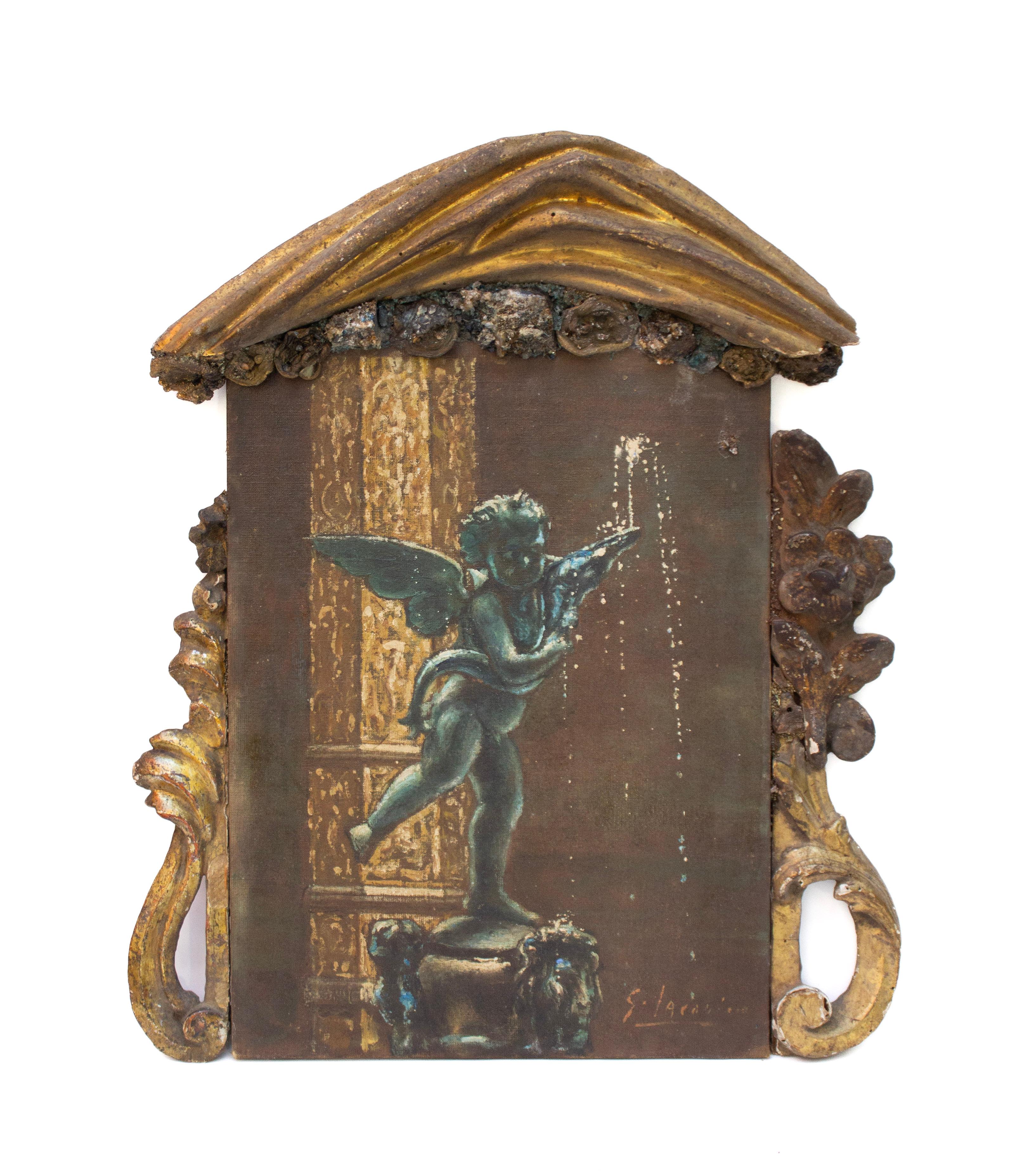 Italienisches Ölgemälde aus dem 17. Jahrhundert, das einen Engelsbrunnen darstellt und vom Künstler signiert ist. Das Gemälde wird von einem italienischen, handgeschnitzten und vergoldeten Fragment aus dem 18. Jahrhundert eingerahmt, das mit