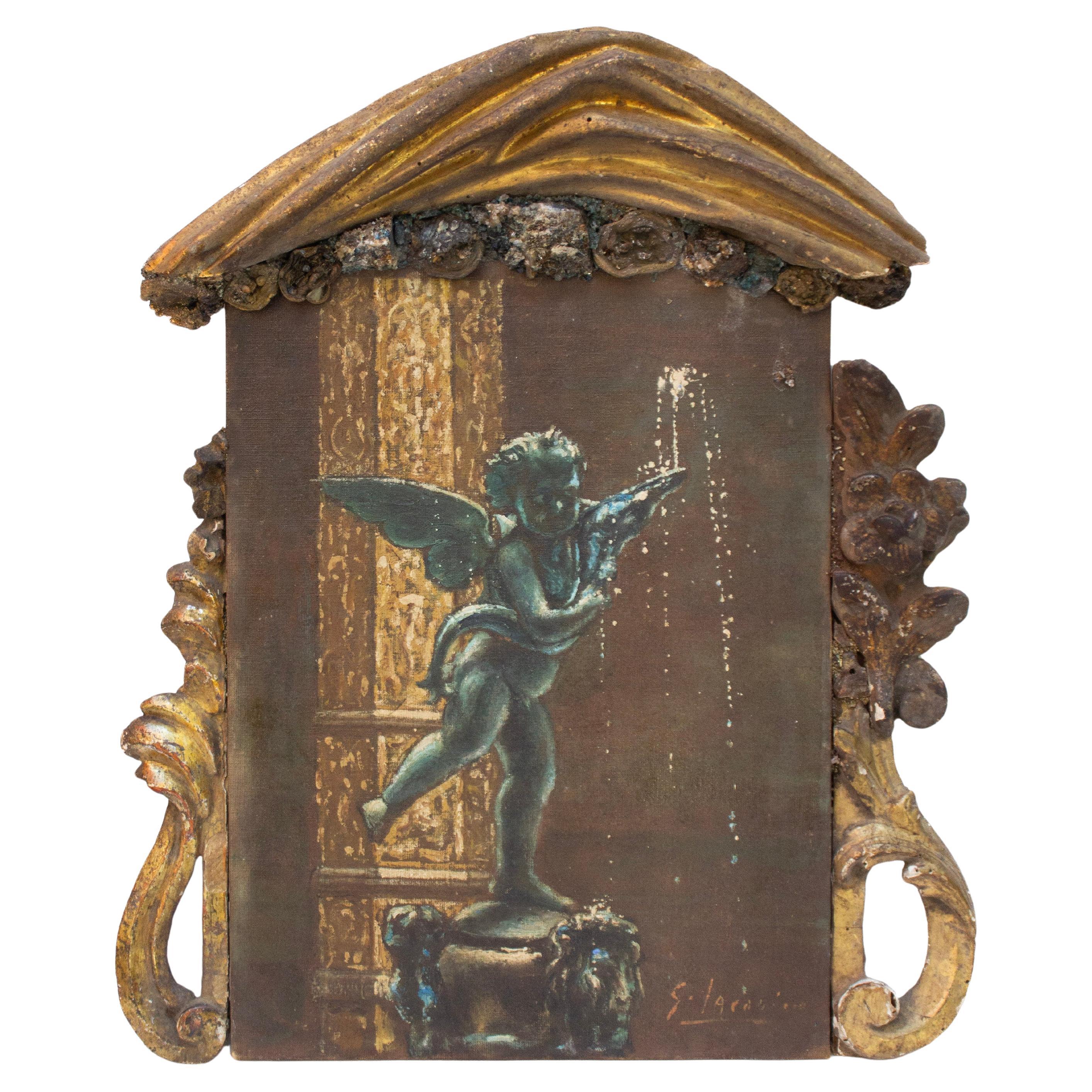 18th Century Italian Signed Oil Painting with Fragments and Lazurite Gems