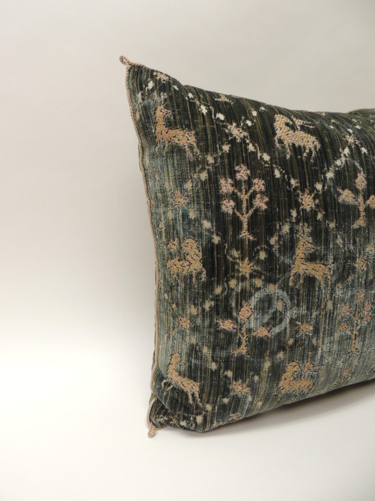 18th century Italian silk green and pink cut velvet decorative pillow. The front document textile depicts a stripe green texture with floral trellis design depicting trees, deers and lions. Embellished with silk cord trim and iridescent silk
