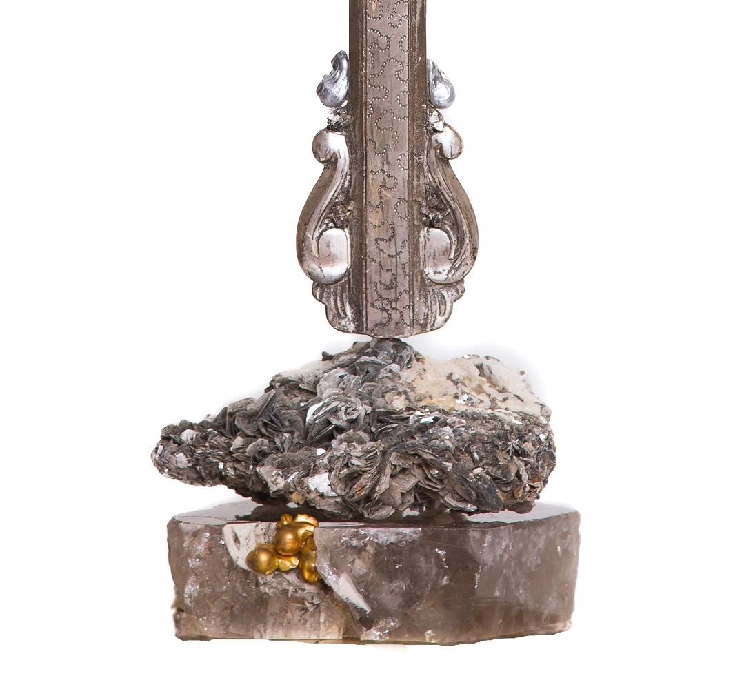 Hand-Carved 18th Century Italian Silver and Gold Crucifix with Mica and Calcite Crystal For Sale