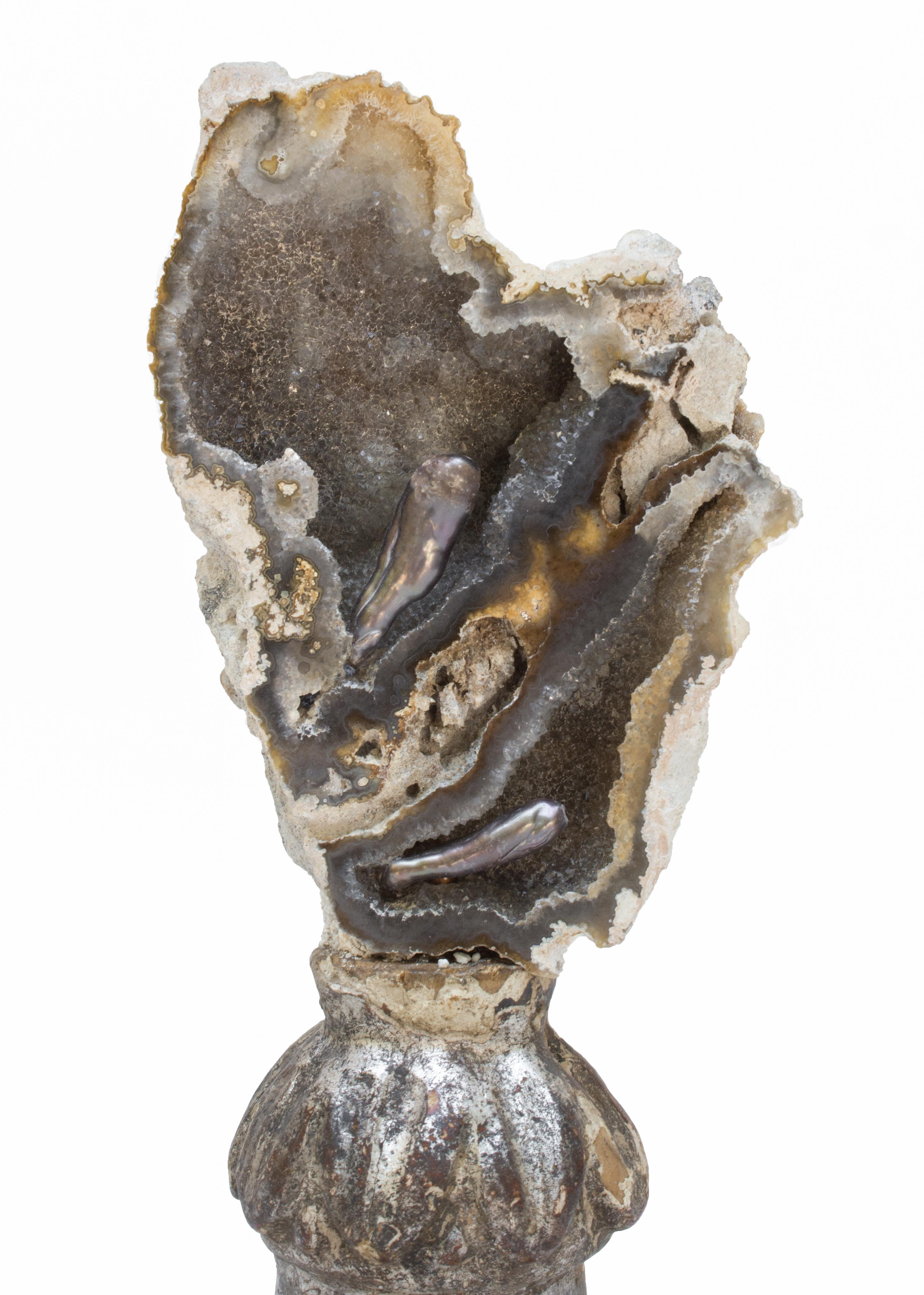 18th century Italian silver leaf candlestick top with polished fossil agatized coral and natural forming Baroque pearls with coordinating seed pearls on the base of the candlestick. It sits on an antique Italian drip tray base. The candlestick is