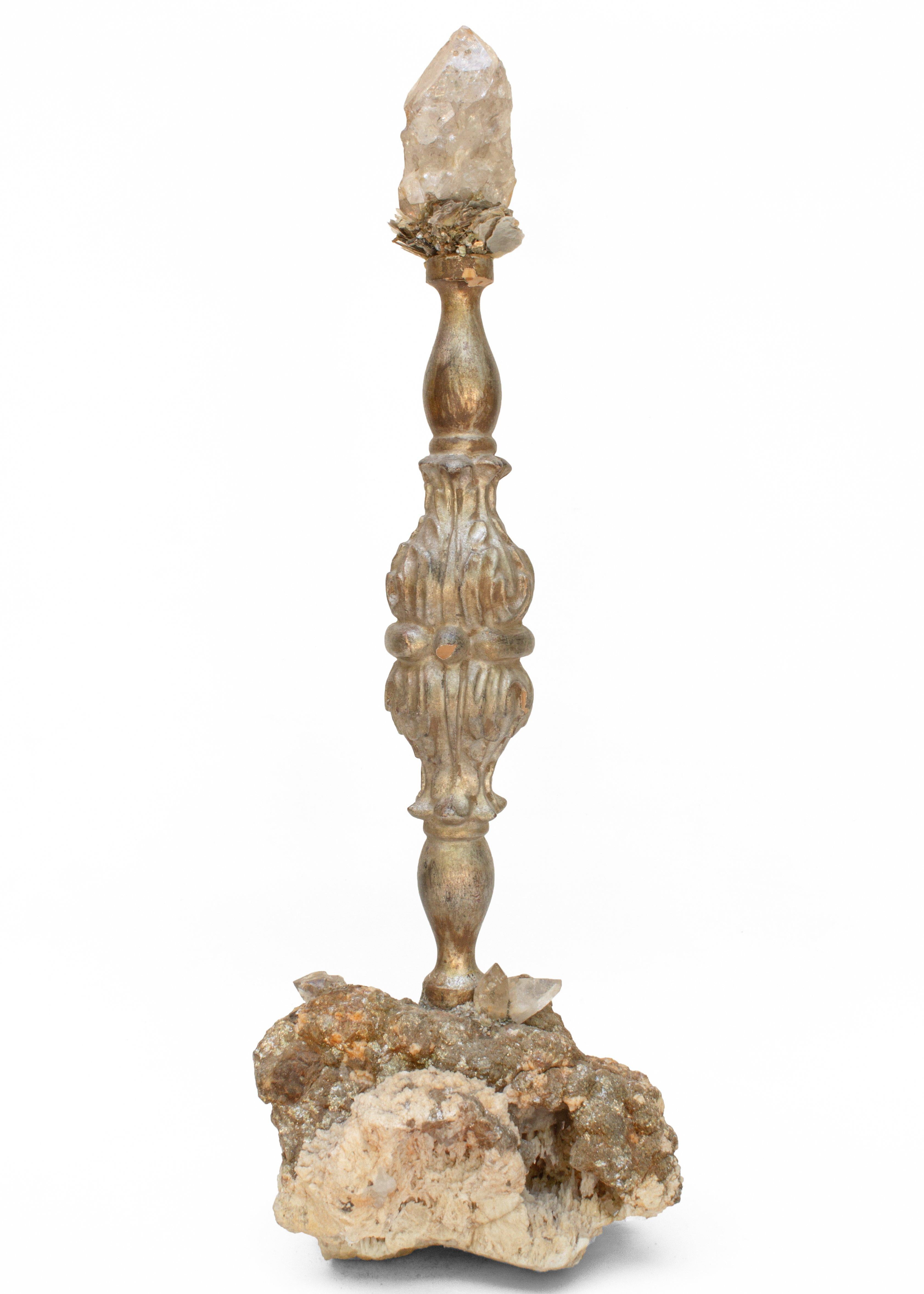 18th Century and Earlier 18th Century Italian Silver Candlestick with Herkimer Diamond on Mica & Calcite For Sale